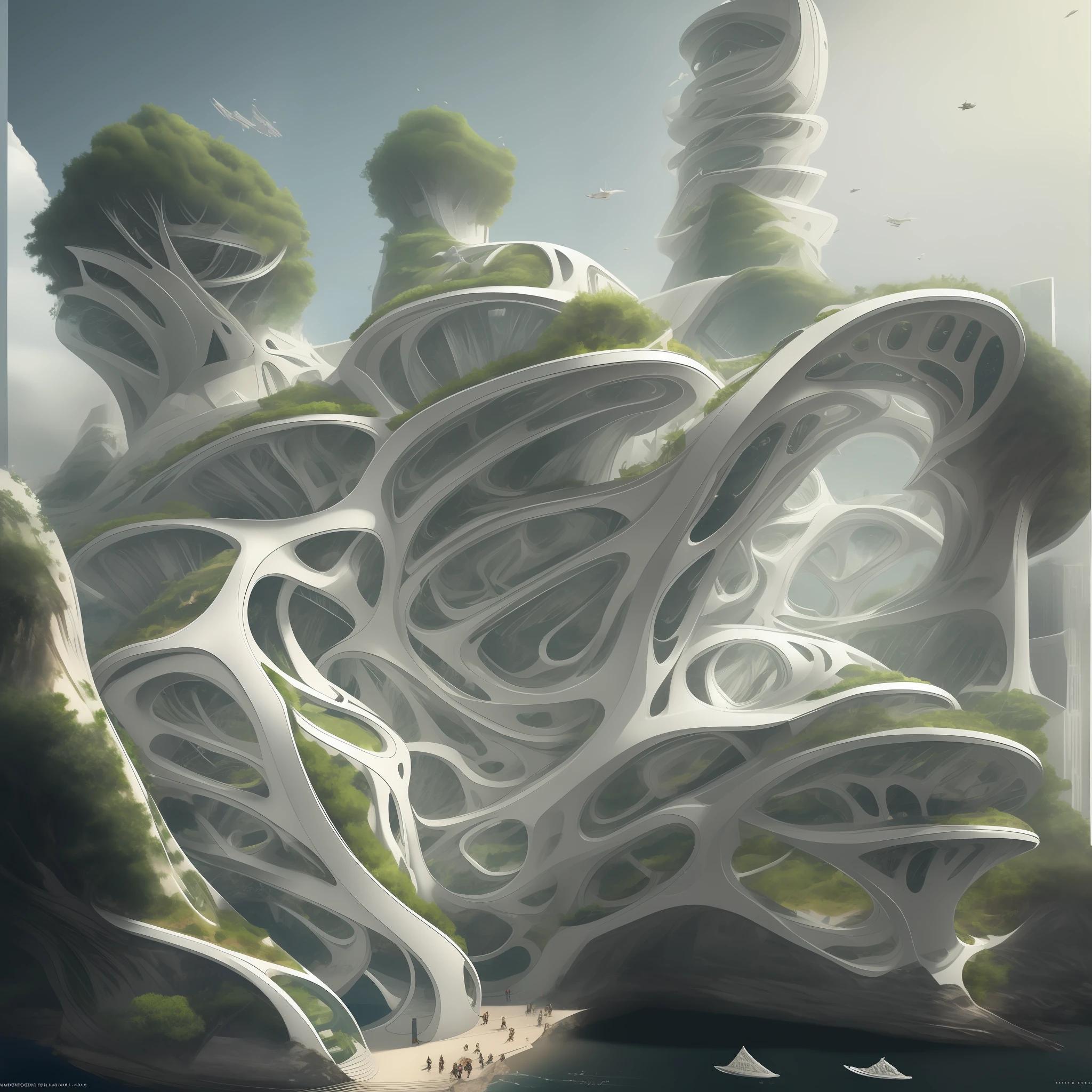Airbrush drawing --v 5.1 style Futuristic design of an awesome sunny day environment concept art on a futuristic terrain with huge waterfalls,streams, mangroves,nature architecture, proportional,detailed,bright clouds, nature meets futuristic architecture by Santiago Calatrava and Vincent Callebaut with futuristic development, high rise made up staircases, balconies, full of composite glass facades, residential spaces carved from cliff side ,trending on artstation, beautiful lighting,In the style , fantasy, intricate, award winning, 4k, highest quality