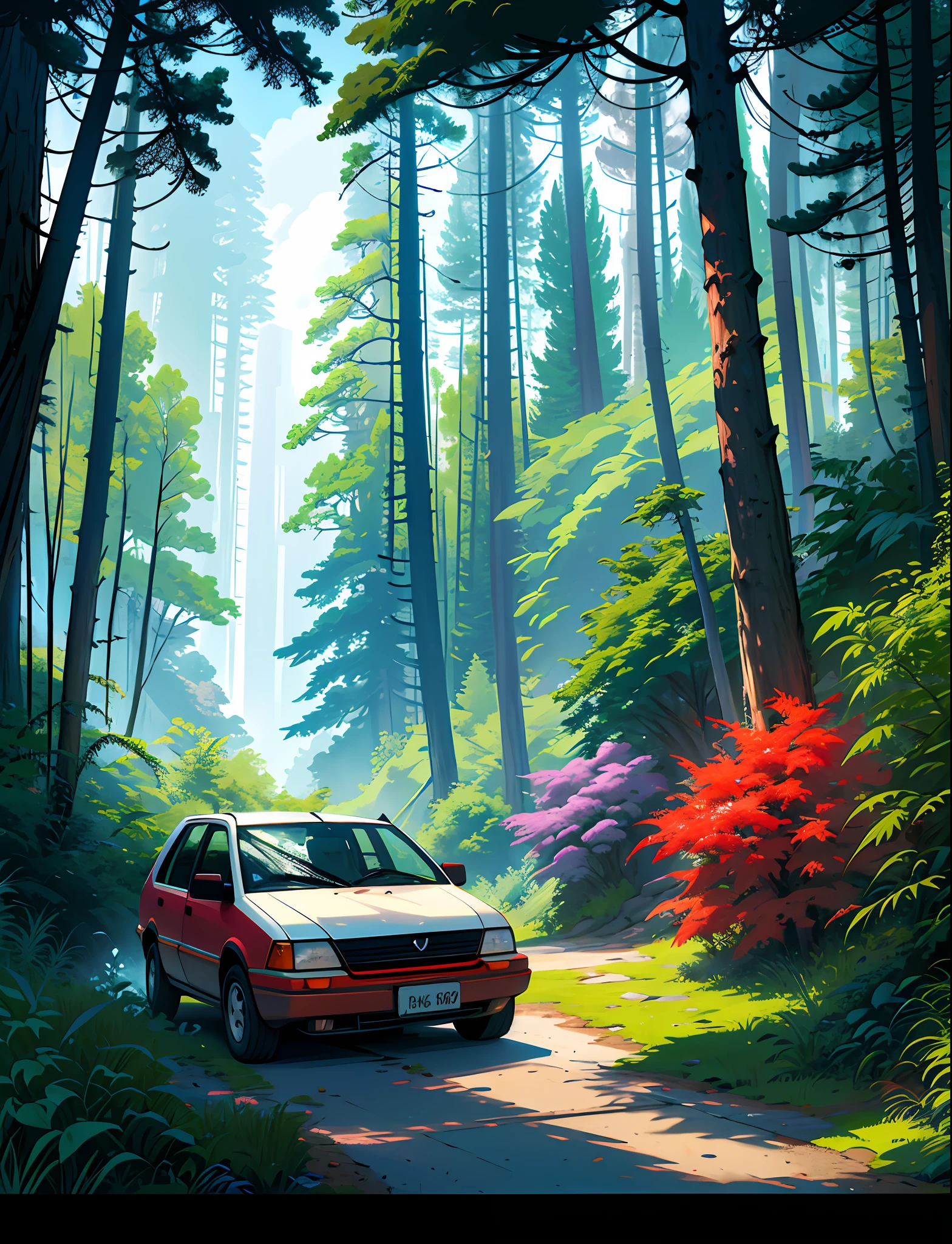 Car in the forest,lake,mountains,, in love Hemp, leaf,marijuana,cannabis,((illustration)), colorful, wallpaper, energy, secret, magical environment, magical environment, magic wand, pages flying in the sky, omniscience, prediction of the future, understanding the past, frost magic, spells, red hair, long hair, --v 6