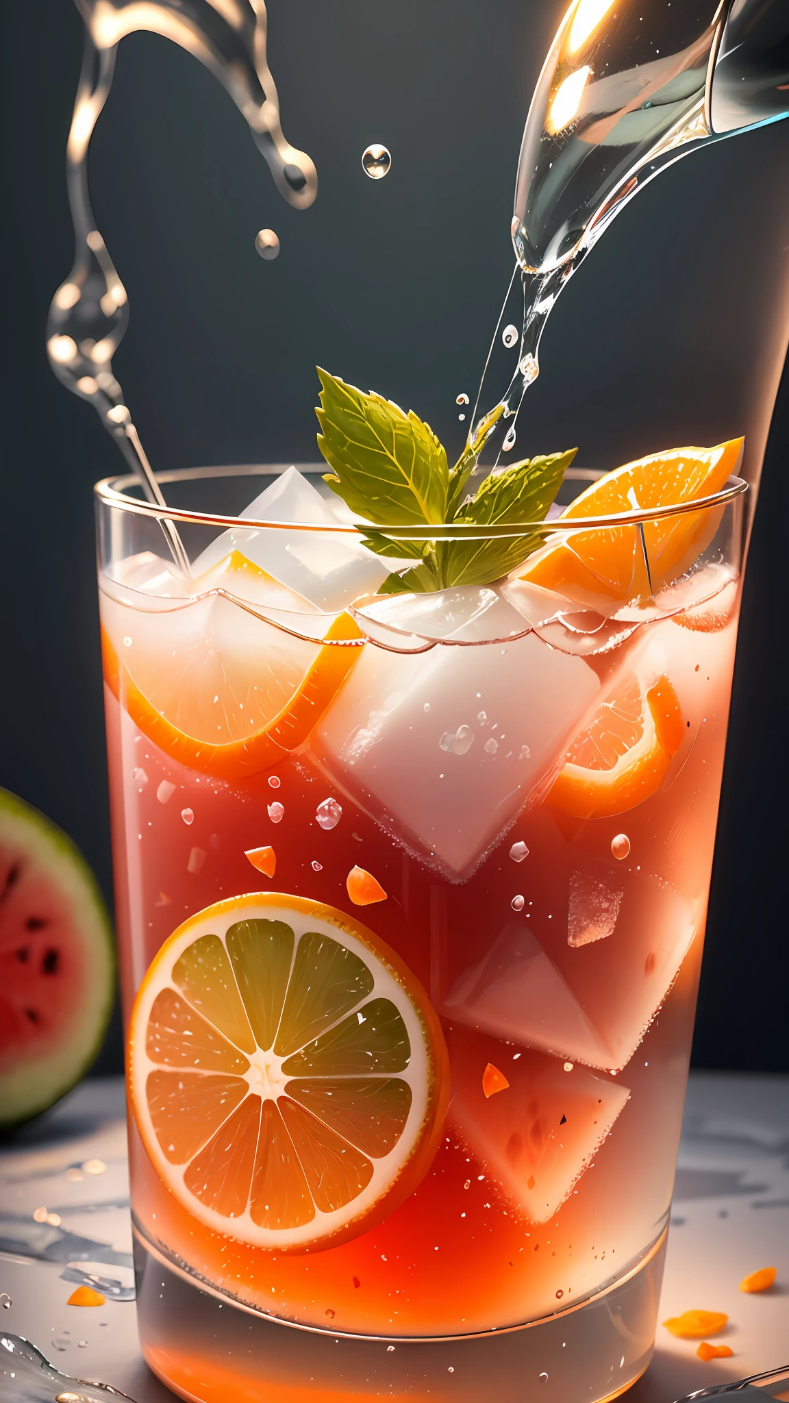 A glass of soda, water vapor on the glass, freezing effect, watermelon chunks, mint leaves, small orange petals, ice cubes, scattered ice cubes, super realistic food images, full theme presentation, Randy Post, High fidelity, high resolution photos. --auto --s2