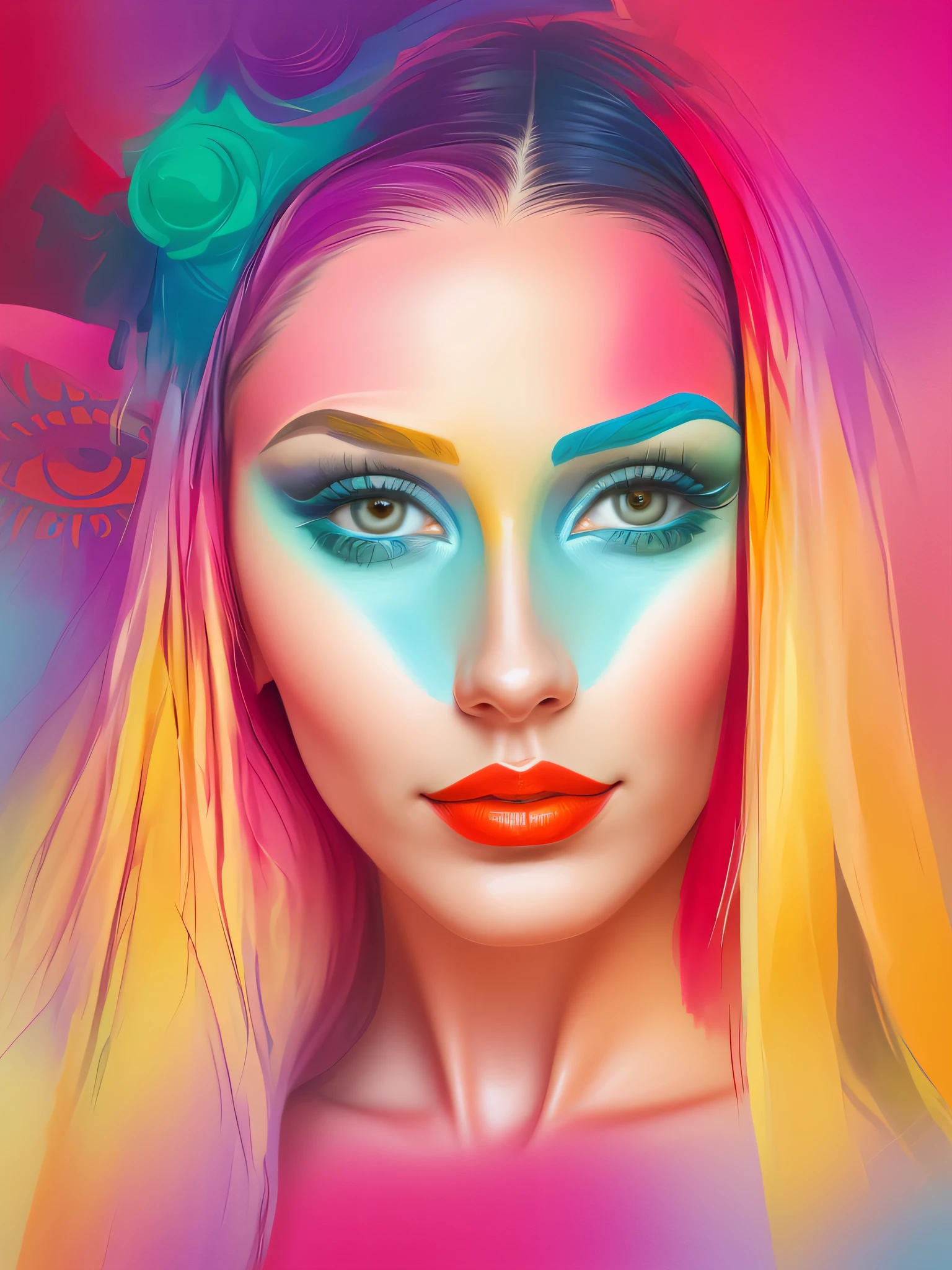 Abstract artwork that uses colorful overlapping shapes to create a portrait of a beautiful female. The look should be inspired by the unique painting styles found in cubism with an emphasis on texture and intricate detail including hand - drawn typefaces& organic flourishes around the eyes, cheeks& nose