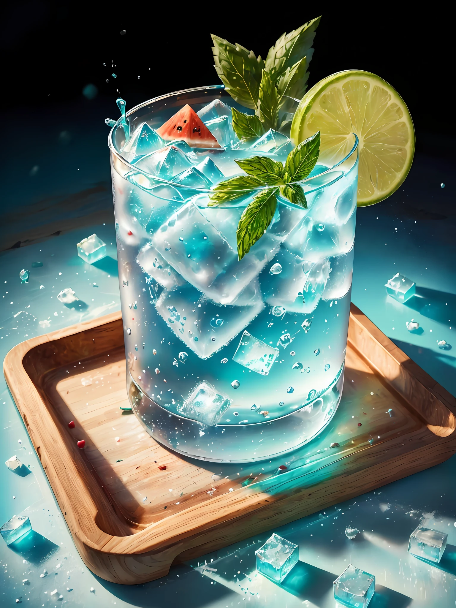 A glass of soda, frozen, frozen effect, on a wooden tray with pieces of watermelon, with mint leaves, cut small turquoise greens, with ice cubes, a few scattered ice cubes on a wooden board, super realistic Food pictures, full theme shown in photos,, Randy Post, hyper realistic ", hyper realistic", high res photo --auto --s2