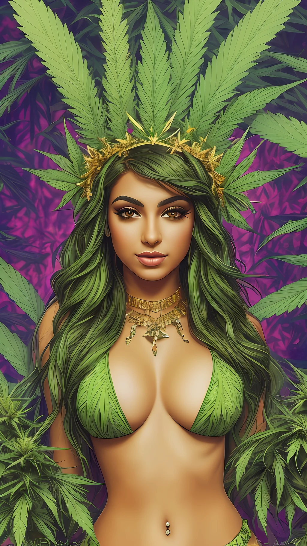 CG art of a beautiful exotic latina girl, 1girl, (marijuana goddess:1.2), (ganja queen:1.1), (marijuana leaf crown:1.2), (cannabis fashion:1.2), cute girl, glamor pose, smirk, eyebrow up,curvy body type, latina culture, Amazon Cannabis Garden Background, (paint by SamDoesArts:1.3)