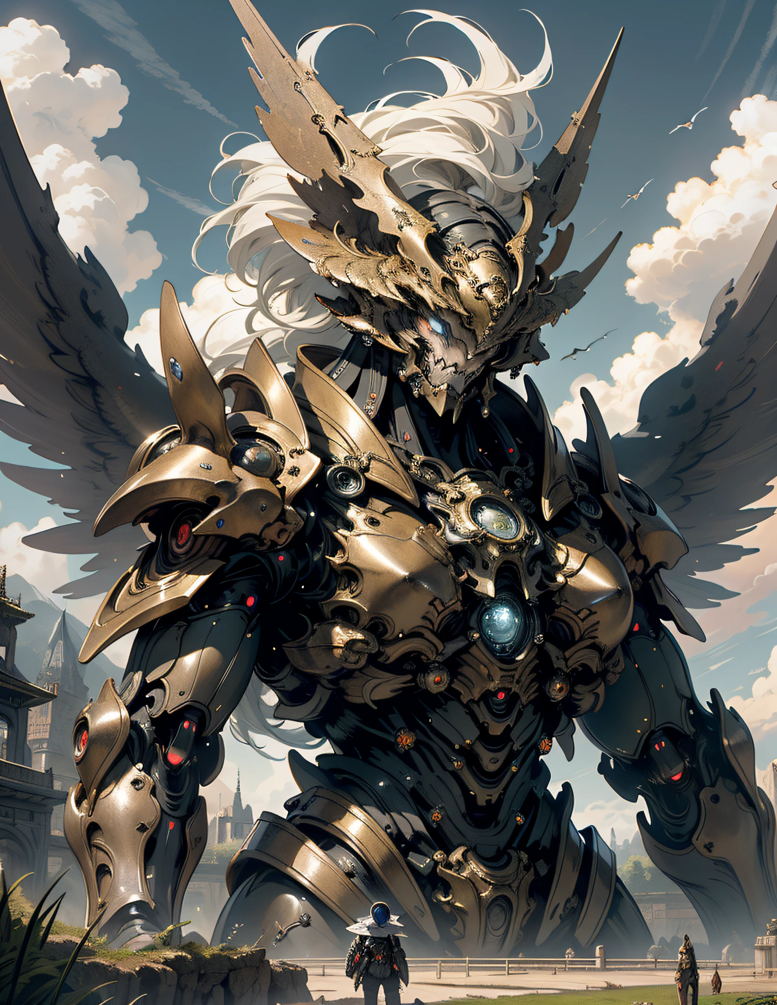 ((best quality)), ((masterpiece)), (detailed), giant mecha, horror beauty, perched on a cloud, (fantasy illustration:1.3), enchanting gaze, otherworldly charm, mystical sky, (Luis Royo:1.2), (Yoshitaka Amano:1.1), moonlit night, soft colors, (detailed cloudscape:1.3), (high-resolution:1.2)