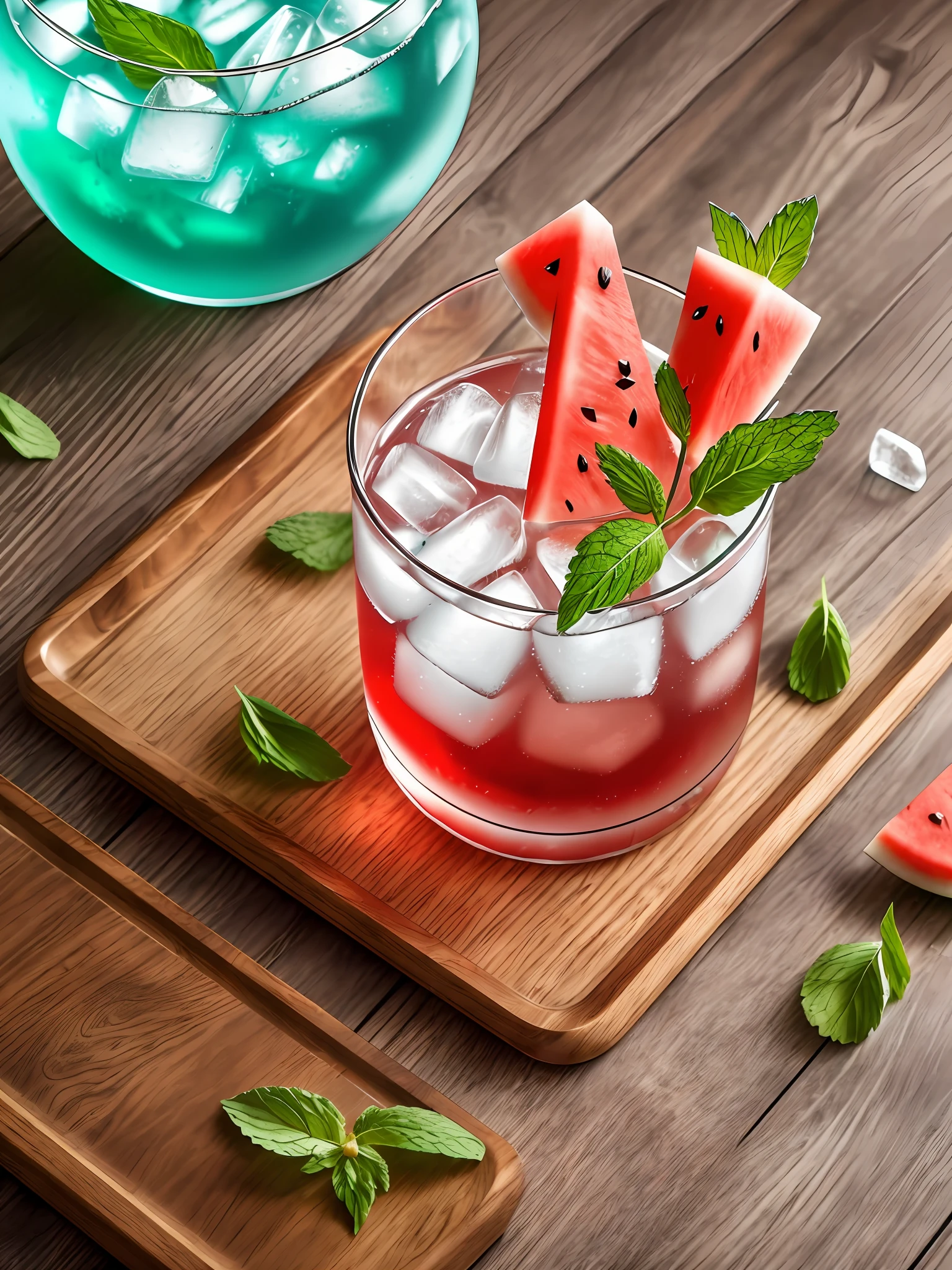 A glass of soda, frozen, frozen effect, on a wooden tray with pieces of watermelon, with mint leaves, cut small turquoise greens, with ice cubes, a few scattered ice cubes on a wooden board, super realistic Food pictures, full theme shown in photos,, Randy Post, hyper realistic ", hyper realistic", high res photo --auto --s2
