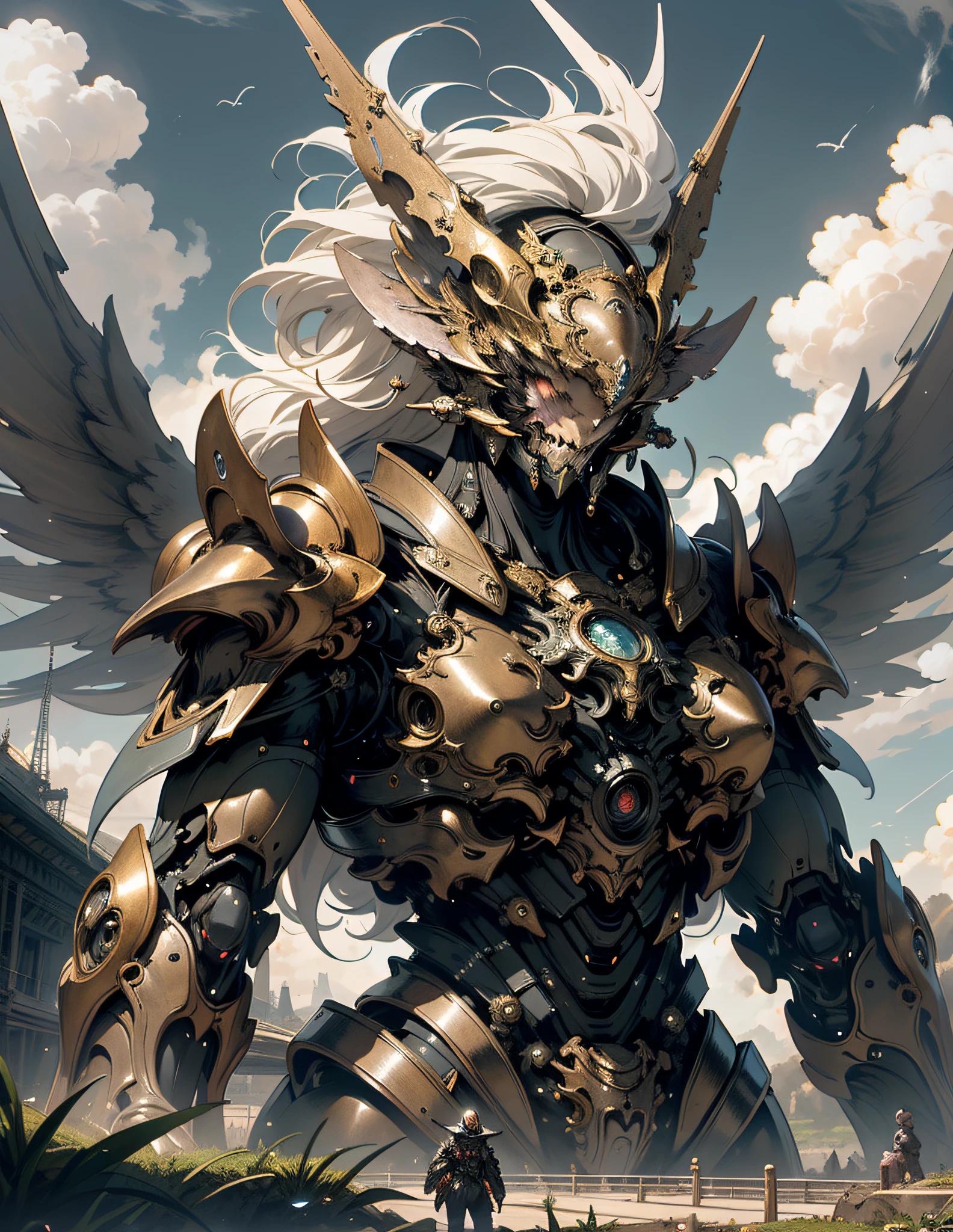 ((best quality)), ((masterpiece)), (detailed), giant mecha, horror beauty, perched on a cloud, (fantasy illustration:1.3), enchanting gaze, otherworldly charm, mystical sky, (Luis Royo:1.2), (Yoshitaka Amano:1.1), moonlit night, soft colors, (detailed cloudscape:1.3), (high-resolution:1.2)