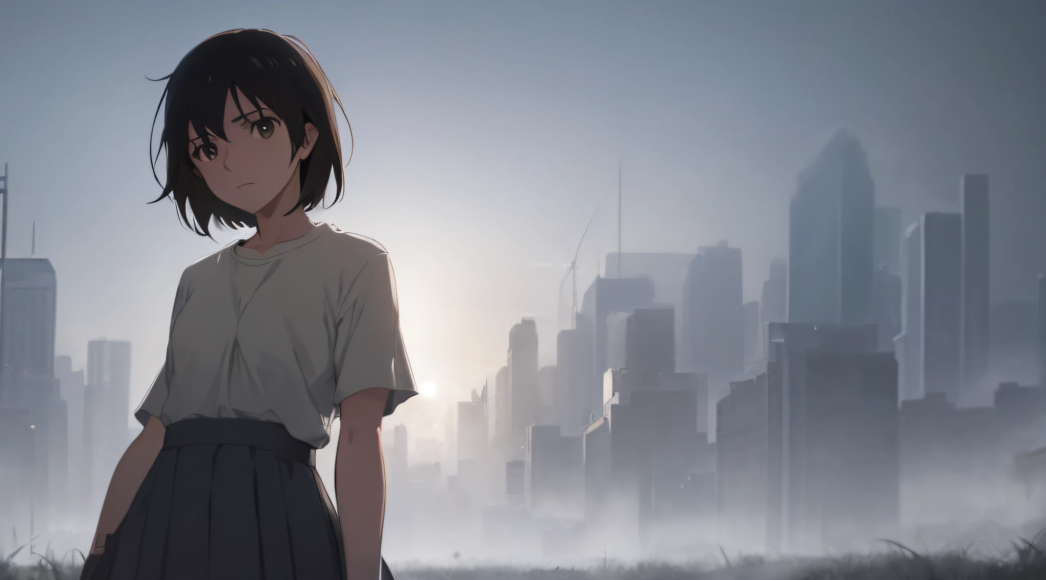 Very detailed and precise anime style illustration, very beautiful young woman, solo, brown short hair, wearing gray shirt, gray skirt, perfect round gray eyes, unreal and fantastic scene with thick fog. Dramatic lighting, Makoto Shinkai anime style.