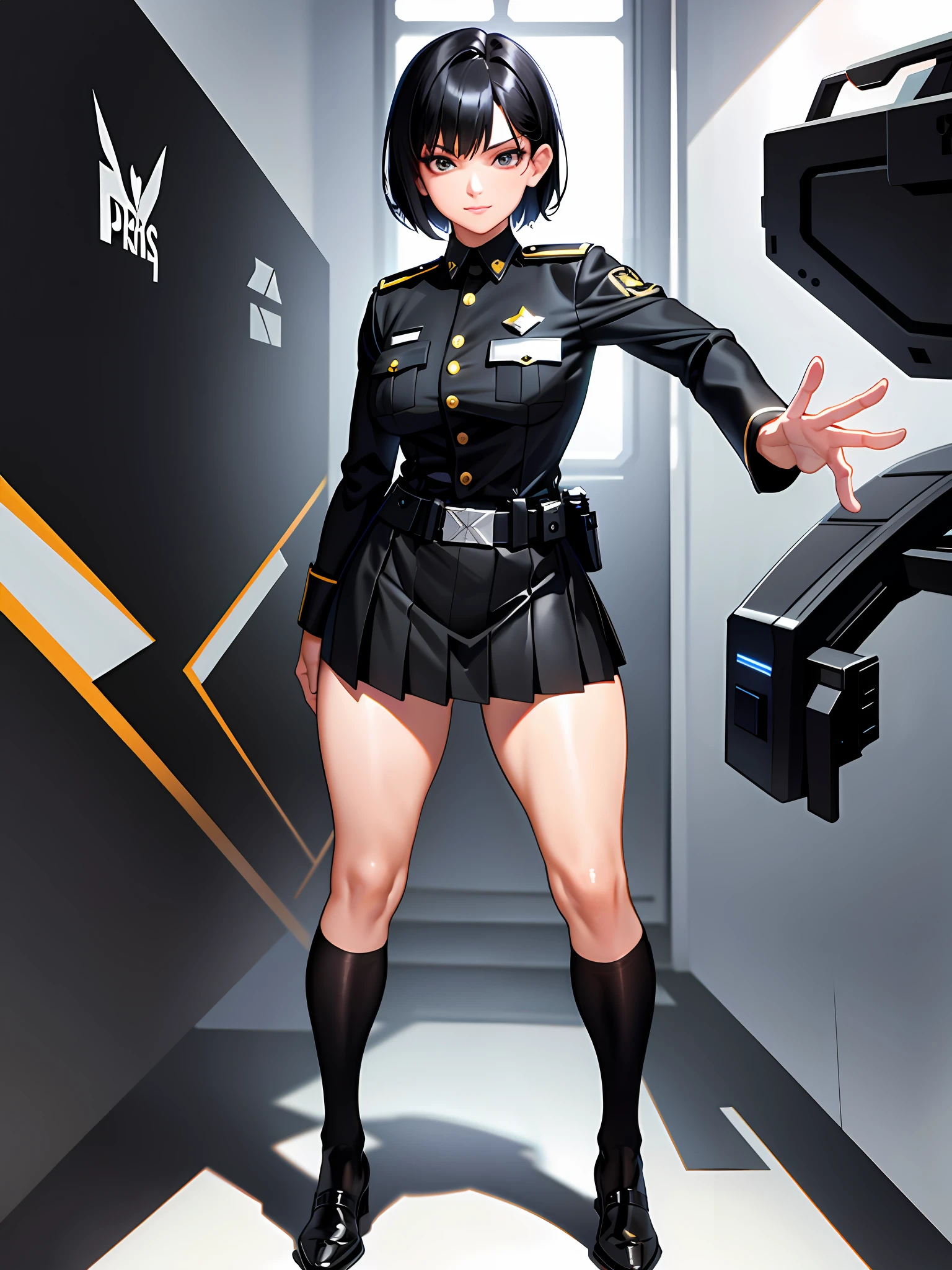 (highest resolution, distinct_image), best quality, masterpiece, highly detailed, semi-realistic, woman with short black hair, mature woman, triple bangs, black uniform, black pleated skirt, knee socks, military uniform, beautiful woman, spaceship space, office, commander, standing at full height, size 3 chest, large pelvis and hips, officer's stance, sexy welcome look at the camera, ((young female)), the side of the skirt exposes her hips and waist,  the best ratio of four fingers to one thumb,
