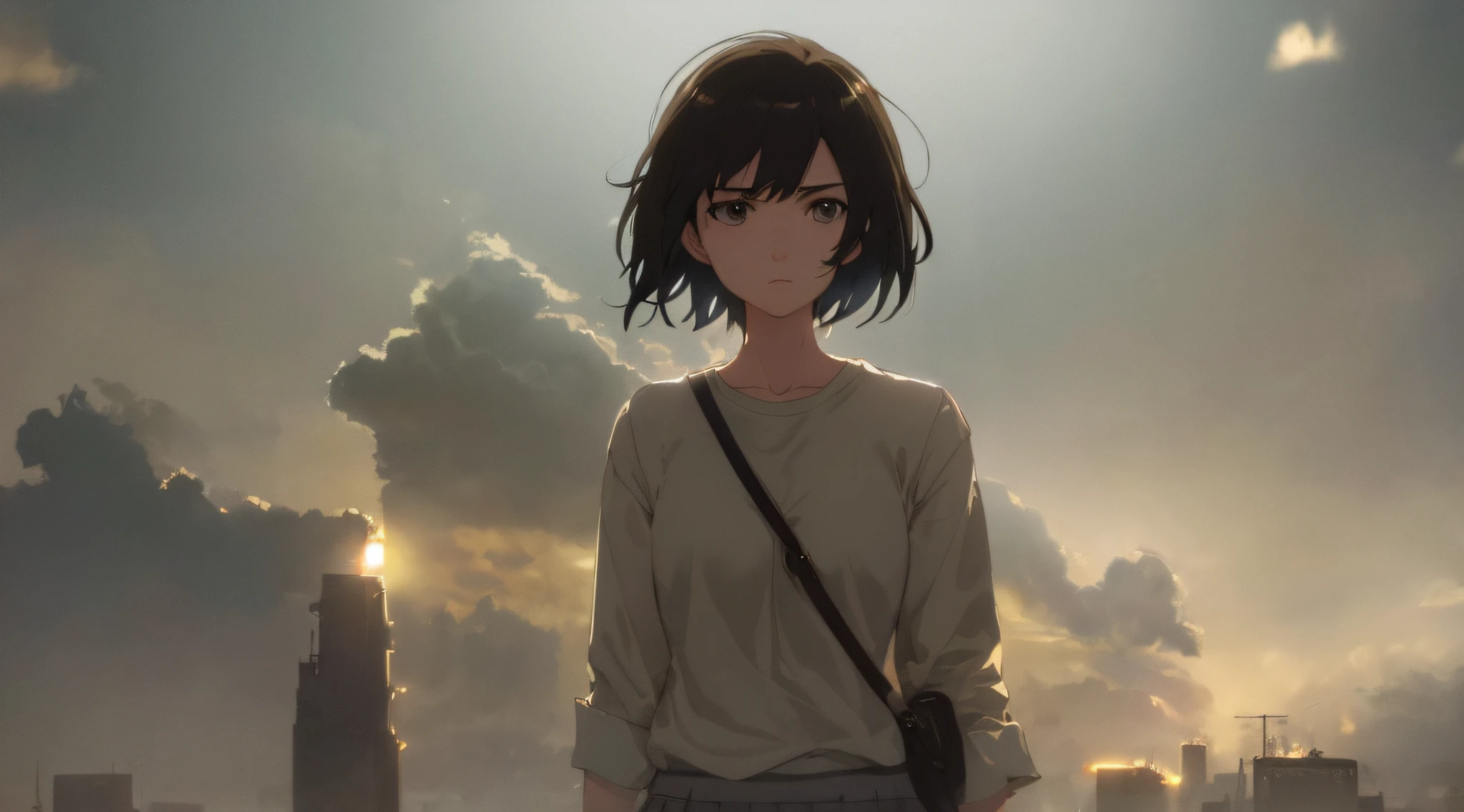 Very detailed and precise anime style illustration, very beautiful young woman, solo, brown short hair, wearing gray shirt, gray skirt, perfect round gray eyes, unreal and fantastic scene with thick fog. Dramatic lighting, Makoto Shinkai anime style.