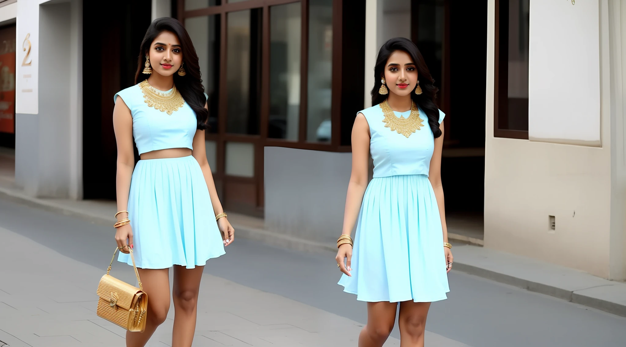 Indian girl show stomach long legs wear jewellers dress type light blue short dress. Outdoor Street