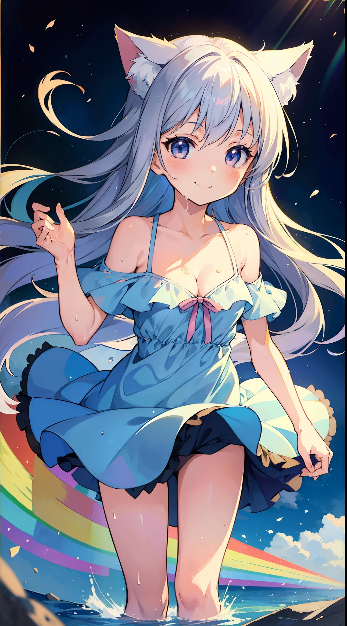 (Masterpiece), (Top Quality Anime Illustration), (Super Definition), One Girl, Solo, Silver-haired Beautiful Girl, Anime Loli, Cat Ear Loli, Petite, Cleavage Emphasis, Thigh Emphasis, White and Navy Blue Sundress, Short Sundress, Off Shoulder, Wet Sheer, Smile, After the Rain, Rainbow, Tarot Card Wind