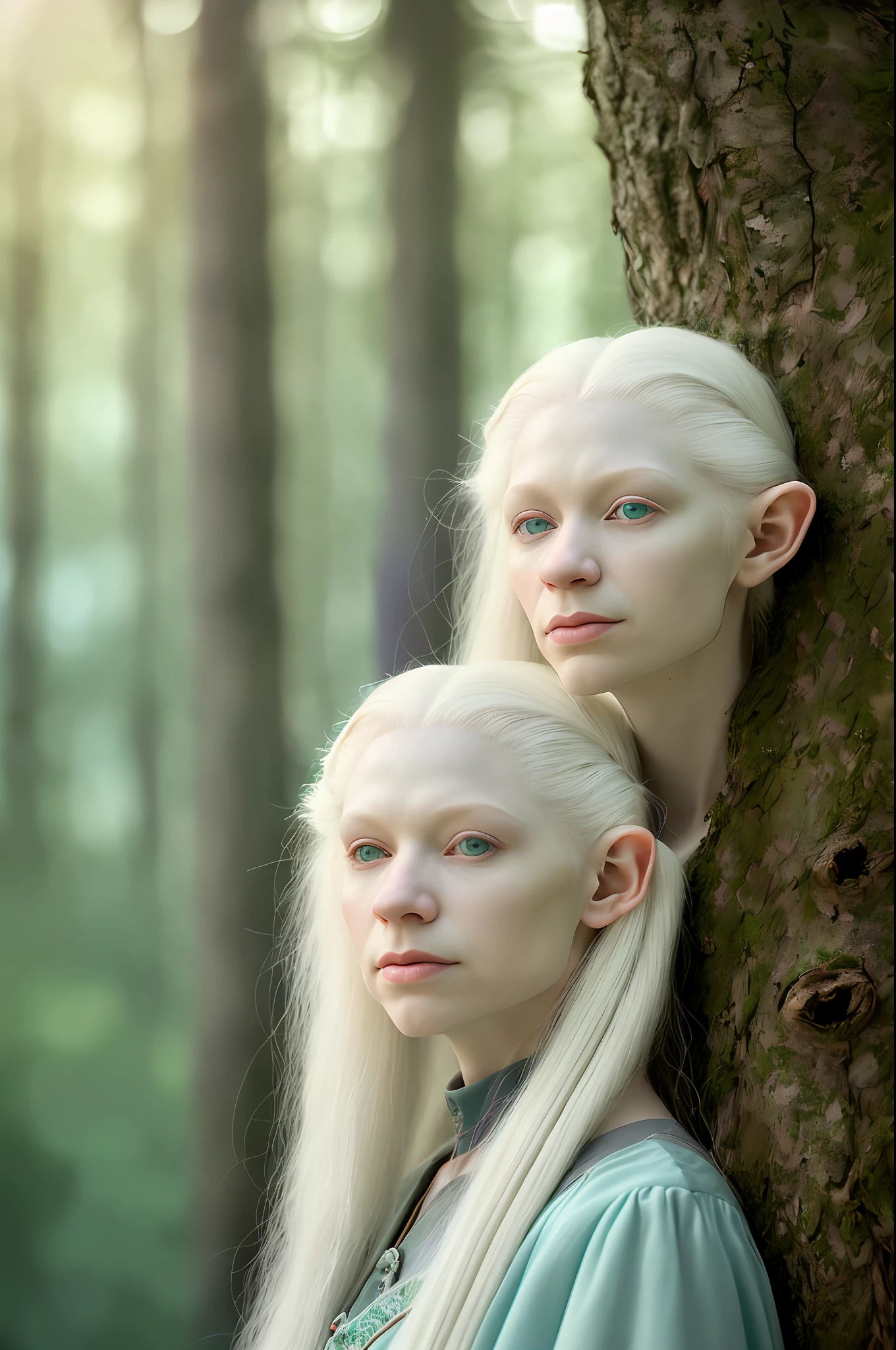 High detail RAW color photo professional portrait photograph of a ((Dynamic side view Close up, Fusion Dance. a portrait of an elderly Elven (albino female) Tree-Sage, long white hair, pale white skin, arms in the air, standing in the lush forest, her head and shoulders illuminated by a soft, ethereal light, her gaze focused on a distant horizon filled with hope and healing. , dark radial background, (muted colors:1.38), (neutral colors:1.2) backlighting, complex scene with magical fantasy atmosphere, Stunning magical world landscape, Luminous Core Render)), soft skin, (feathers in hair), praying, backlighting, depth of field, studio lighting, hard focus, film grain, (3d), ray traced, rendered, photographed with a Sony a7 III Mirrorless Camera, by photographer