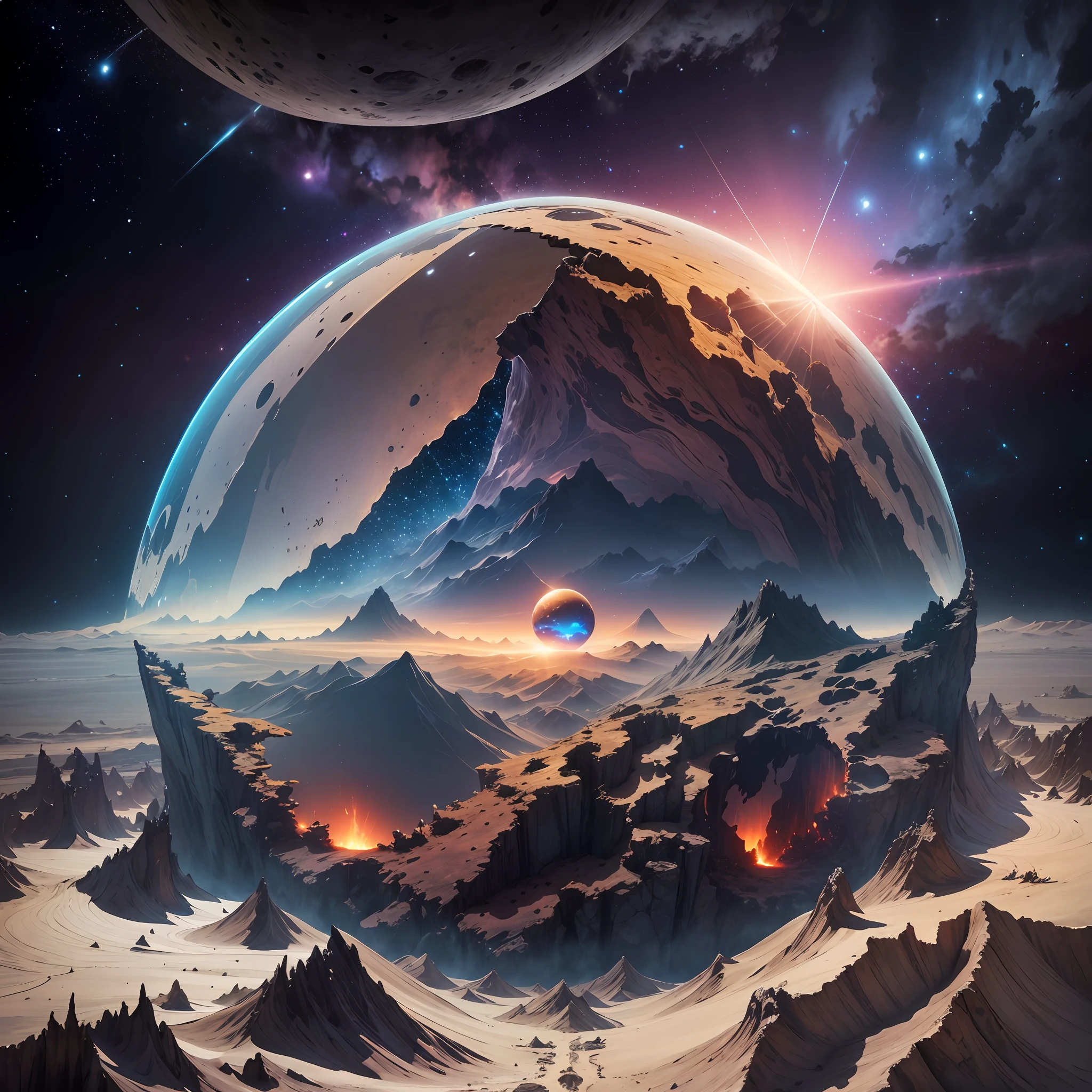 An apocalyptic landscape, there is a fulcanic planet, a planet with cracks and volcano lavas, there is a giant hourglass with sand at the end, clouds, rays, cosmos, stars, blue rays, dense clouds, destruction only planet, catastrophe seen from outer space --auto --s2