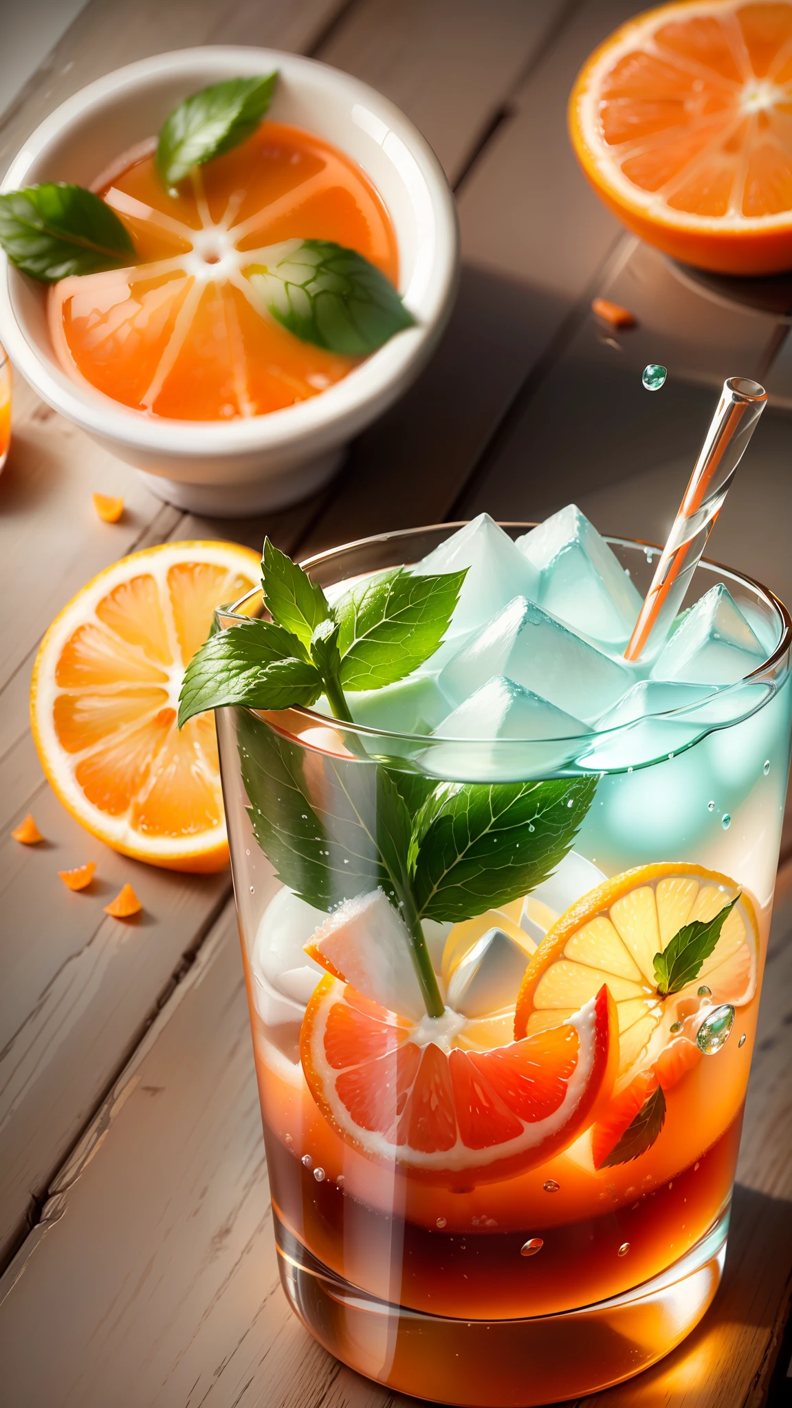 A glass of soda, water vapor on the glass, freezing effect, watermelon chunks, mint leaves, small orange petals, ice cubes, scattered ice cubes, super realistic food images, full theme presentation, Randy Post, High fidelity, high resolution photos. --auto --s2