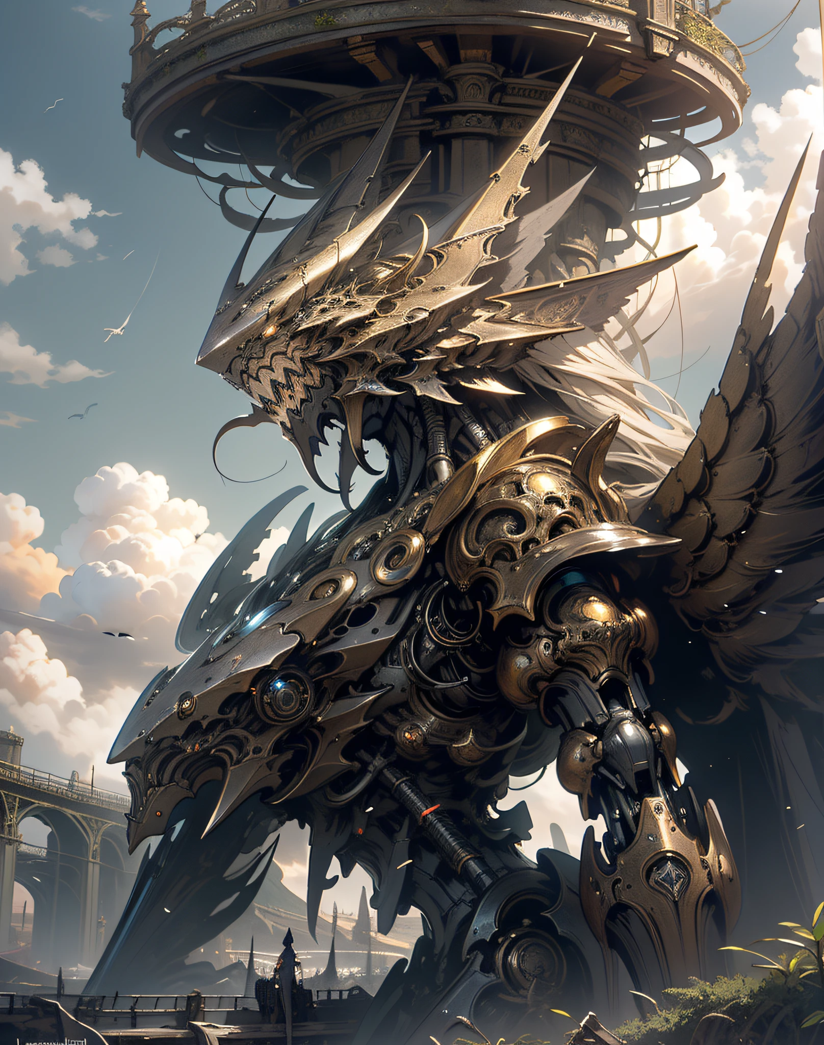 ((best quality)), ((masterpiece)), (detailed), giant mecha, horror beauty, perched on a cloud, (fantasy illustration:1.3), enchanting gaze, otherworldly charm, mystical sky, (Luis Royo:1.2), (Yoshitaka Amano:1.1), moonlit night, soft colors, (detailed cloudscape:1.3), (high-resolution:1.2)