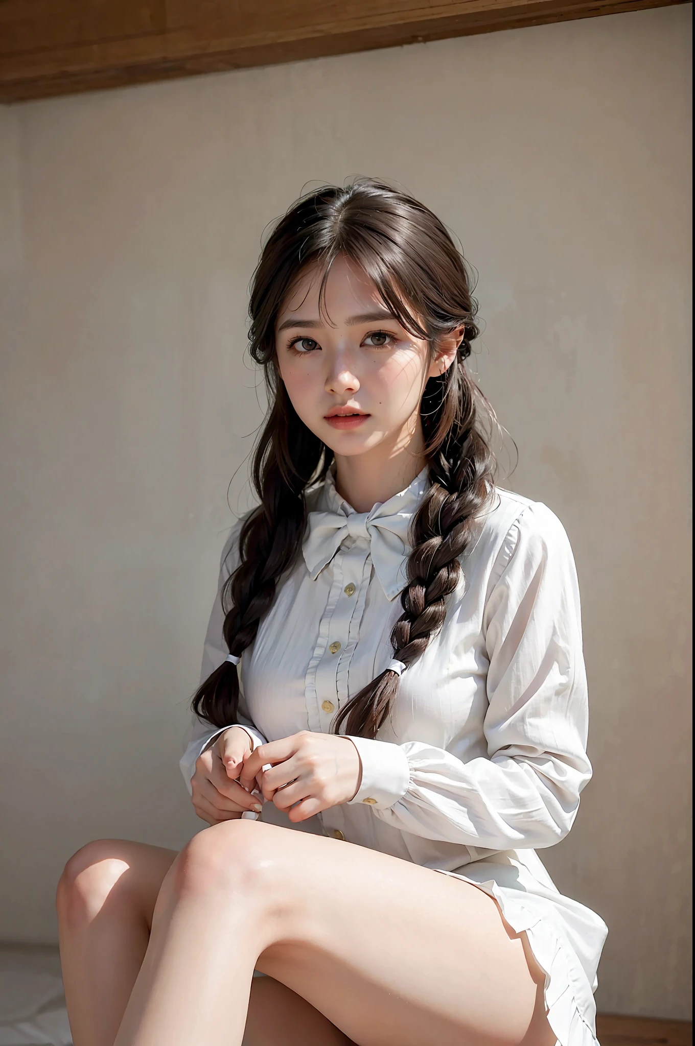 High Quality, Masterpiece, Highly Detailed, High Resolution, 4K, Ultra High Definition, Detailed Shadows, Ultra Realistic, Dramatic Lighting, 1girl, Solo, Detailed Face, Realistic Eyes, Realistic Skin, Dynamic Hair, Dynamic Pose, Dynamic Angle, White Flower Dress, White Background, ulzzang-6500-v1.1, (raw Photo:1.2), ( photorealistic:1.4), beautiful detailed girl, very detailed eyes and face, beautiful detailed eyes, ridiculous, incredibly ridiculous, huge file size, super detailed, high resolution, very detailed, best quality,
(Bright indoor), (soft light), (low contrast), (shallow depth of field), (portrait of a beautiful woman illuminated by gentle light), (extremely delicate and elegant depiction), (short length bangs), (hair color is a dark chestnut shade with a slight brown tone), (hair with a subtle and gentle wave), (small braids intricately woven on the side of long hair), (adorned with a thin ribbon), ( white blouse with small frills), (bow tie), (blue long skirt), (white short ankle socks), illustration, very detailed, CG, unified, 8k wallpaper, amazing, fine detail, best quality, Very detailed CG unified 8k wallpaper, face light, movie lighting, 1girl, 16 years old, ((no panties)), ((dynamic pose))), (camel toe), (half), (bent knees and legs sitting))
