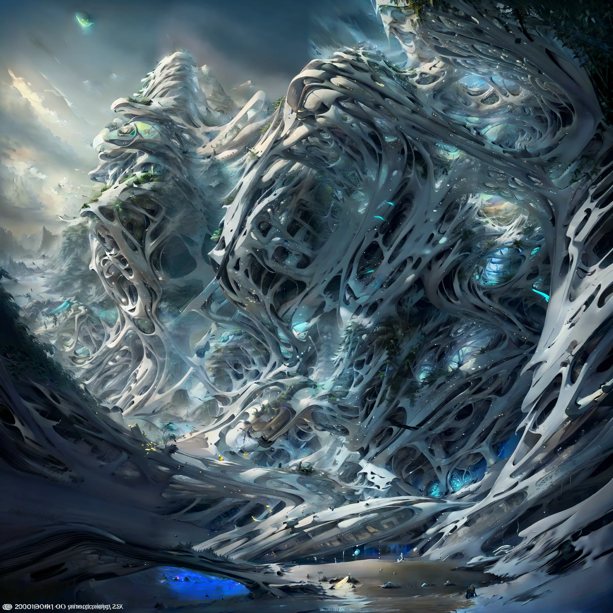 Airbrush drawing --v 5.1 style Futuristic design of an awesome sunny day environment concept art on a futuristic terrain with huge waterfalls,streams, mangroves,nature architecture, proportional,detailed,bright clouds, nature meets futuristic architecture by Santiago Calatrava and Vincent Callebaut with futuristic development, high rise made up staircases, balconies, full of composite glass facades, residential spaces carved from cliff side ,trending on artstation, beautiful lighting,In the style , fantasy, intricate, award winning, 4k, highest quality