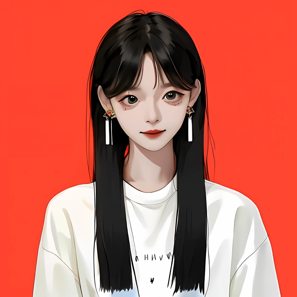 A cute girl with random hair, messy, earrings, street style, solid color background, cold expression, simple background, minimalist, evil smile, facing the camera, looking at the audience
