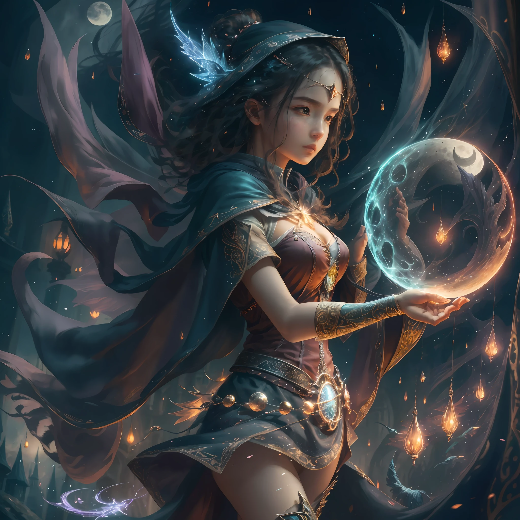 A Masterpiece, best qualitc, hyper detailed, illustartion, 1girl, solo, FANTASY, Flight, broomstick, night sky ,, out door, MAGIC, incantations, the moon, sao, yun, vent, haired, capelet, bonnet, boots, broomstick, bioluminescence, mystical, lovely, Whimsical, Fun, Adventurous, free, Miraculous, Imaginative, Determined, Skillful, Speedy, kinetic, Energetic, Realist, Naturalistic, figurative, Figurative, beautiful big breast, Fantasy culture, myths, fairy tale, Folklore, Legend, witches, Wizards, magical creatures, fantasy worlds, composition, proportions, foreground, mid, background, perspective, light, color, texture, detail, beauty, wonder. --auto --s2