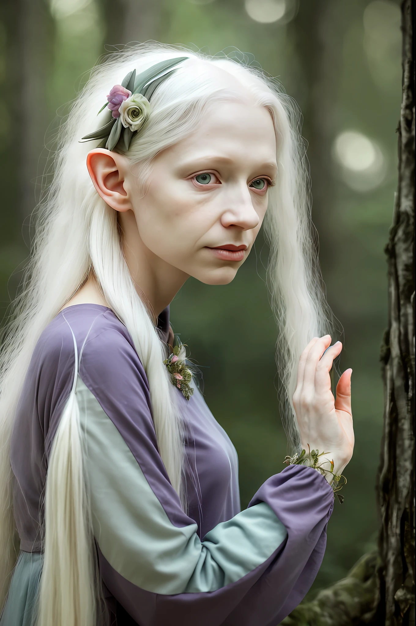 High detail RAW color photo professional portrait photograph of a ((Dynamic side view Close up, Fusion Dance. a portrait of an elderly Elven (albino female) Tree-Sage, long white hair, pale white skin, arms in the air, standing in the lush forest, her head and shoulders illuminated by a soft, ethereal light, her gaze focused on a distant horizon filled with hope and healing. , dark radial background, (muted colors:1.38), (neutral colors:1.2) backlighting, complex scene with magical fantasy atmosphere, Stunning magical world landscape, Luminous Core Render)), soft skin, (feathers in hair), praying, backlighting, depth of field, studio lighting, hard focus, film grain, (3d), ray traced, rendered, photographed with a Sony a7 III Mirrorless Camera, by photographer