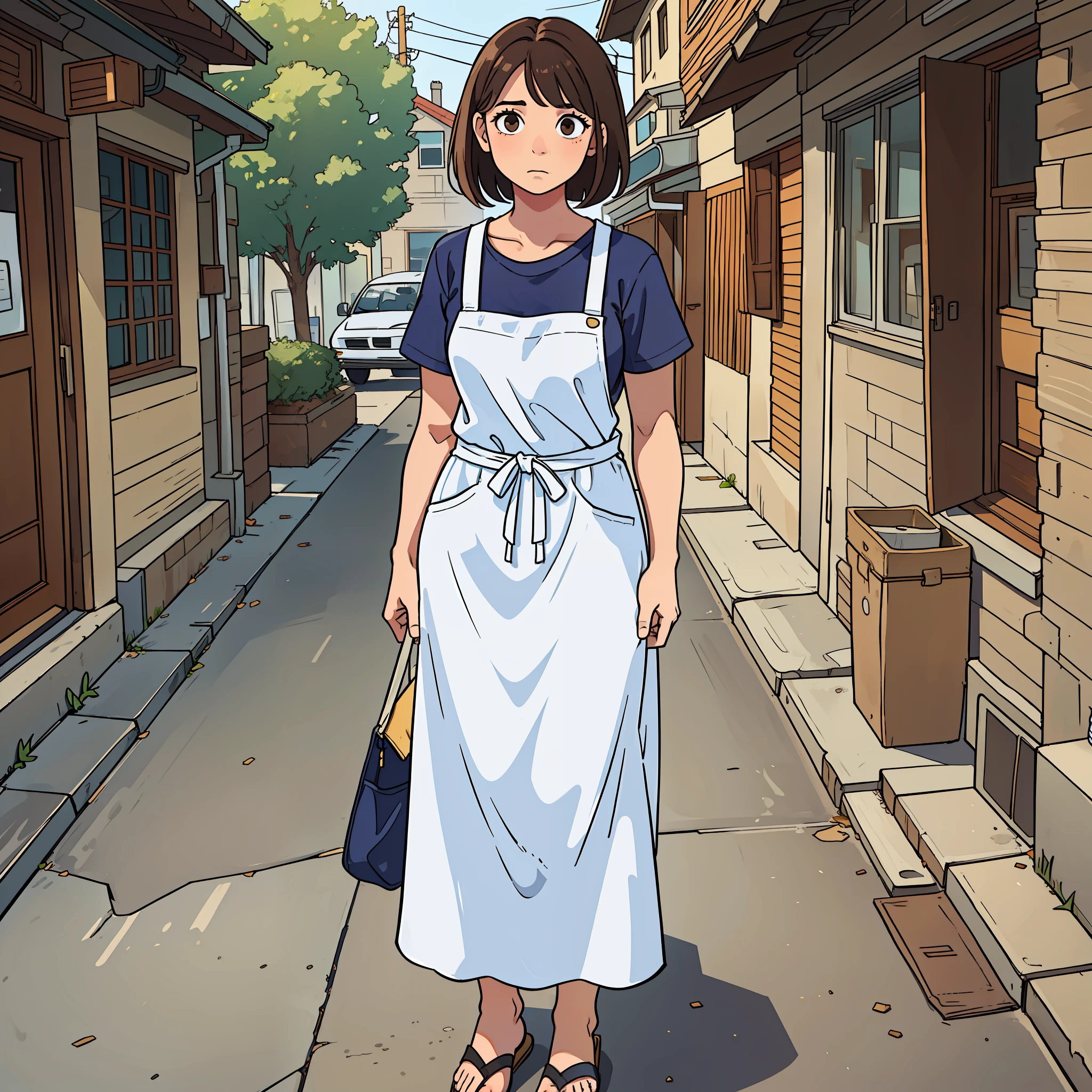 masterpiece, face detail, mom, apron, deformed, full body, background pure white, 35 years old, modern, jeans, t-shirt, sandals, tired, ugly, brown hair, bob hair, background not required, upright,