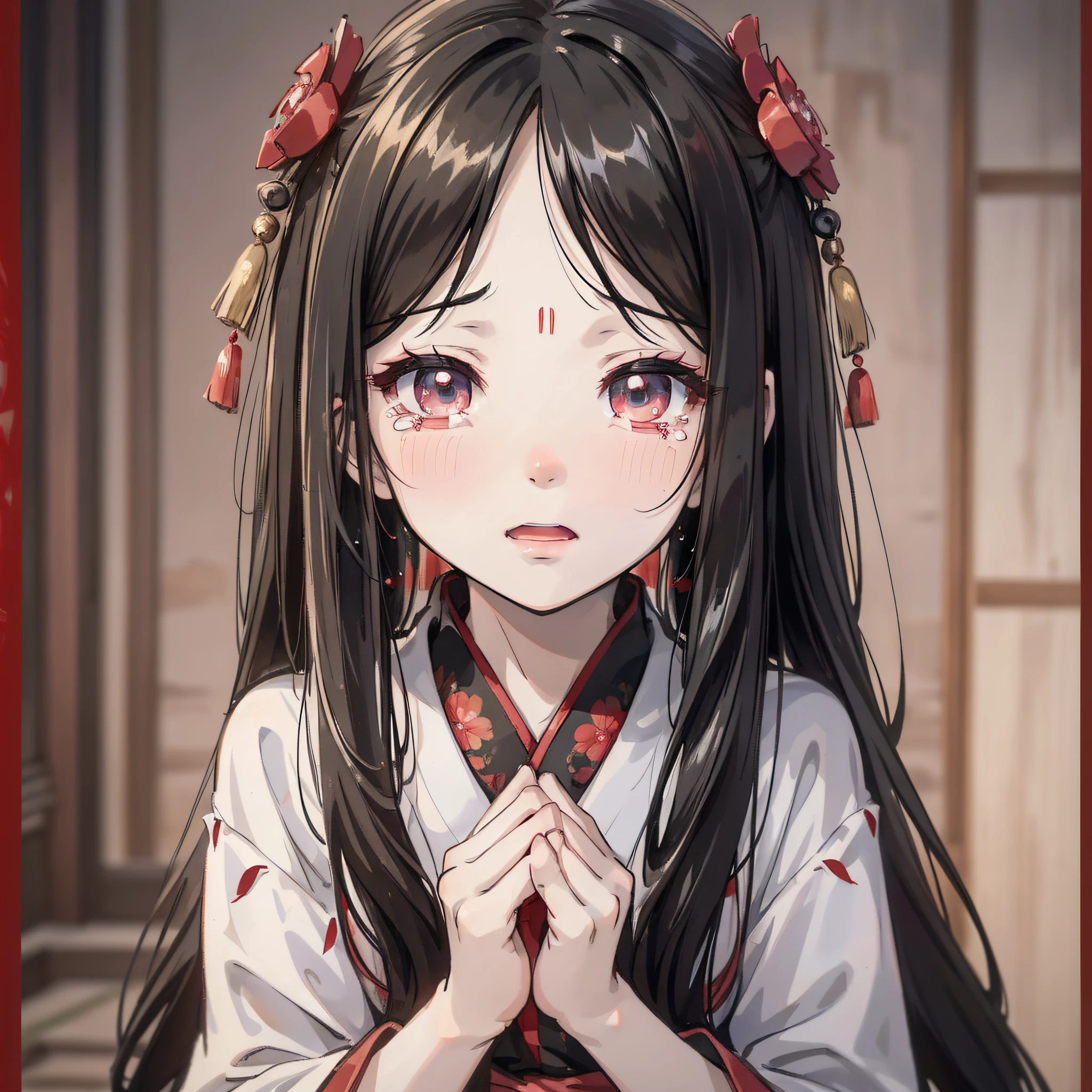 Ancient Chinese anime girl with long black hair and about wearing red Hanfu, red flower 1.3 (crying expression 1.5) (tear wiping action) (tear 1.8) (open mouth crying 1.2) (background is ancient Chinese room 1.5) anime style 4 K, anime rendering, Guvez style artwork, anime style. 8k, Guvitz, beautiful anime girl, beautiful anime face, cute anime girl (big eyes full of tears 1.5) (upper body display 1.5) (crystal beautiful eyes 1.5) (poor milk 1.3) (juvenile litcinematic light 1.5)