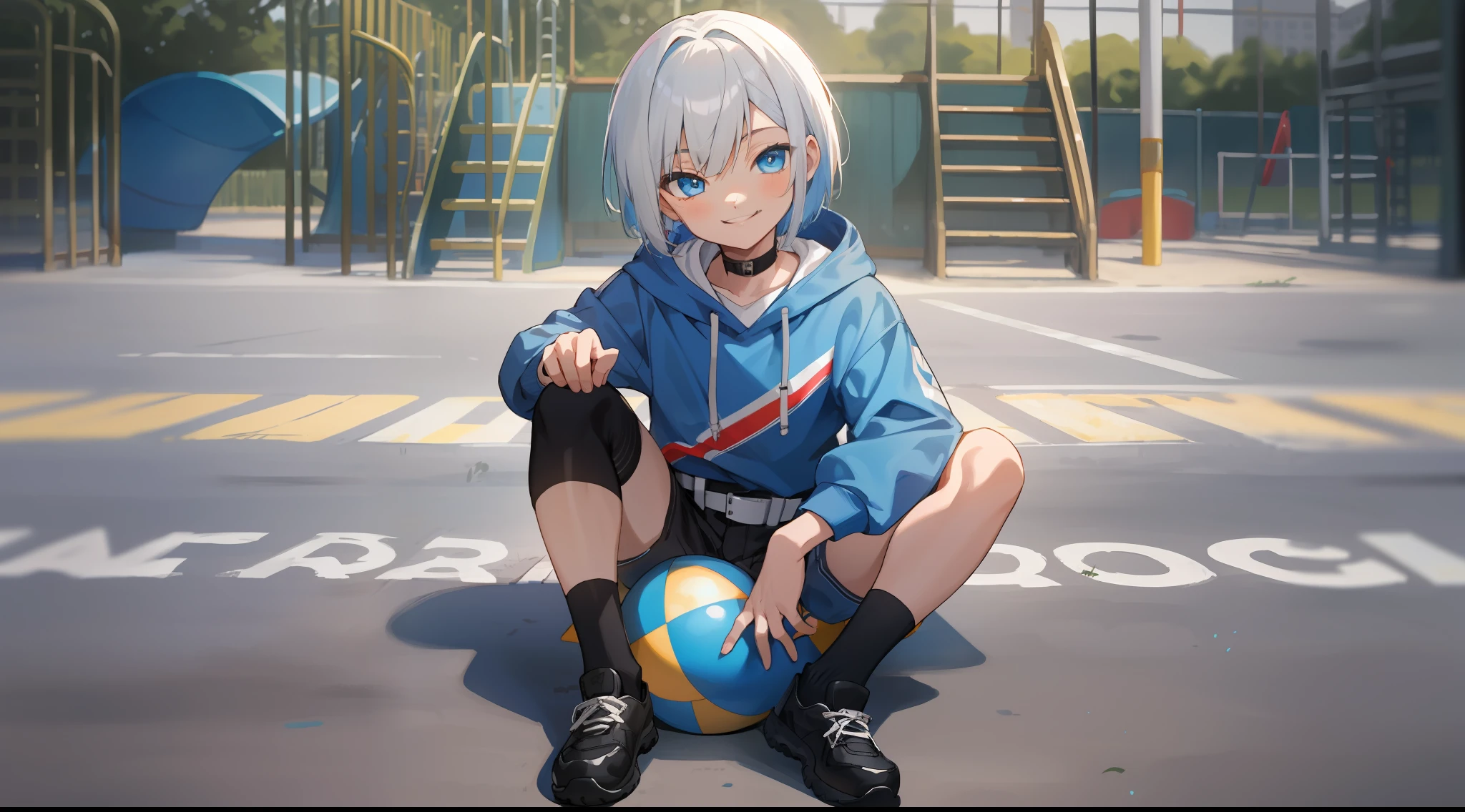 HD picture, lots of details, children's youthful style, strong and vibrant blue eyes, playground background, white Bob hairstyle 1boy sitting on the ground, wearing slim white belt hoodie and black knee socks, smiling, black shoes, depth of field, full body view.