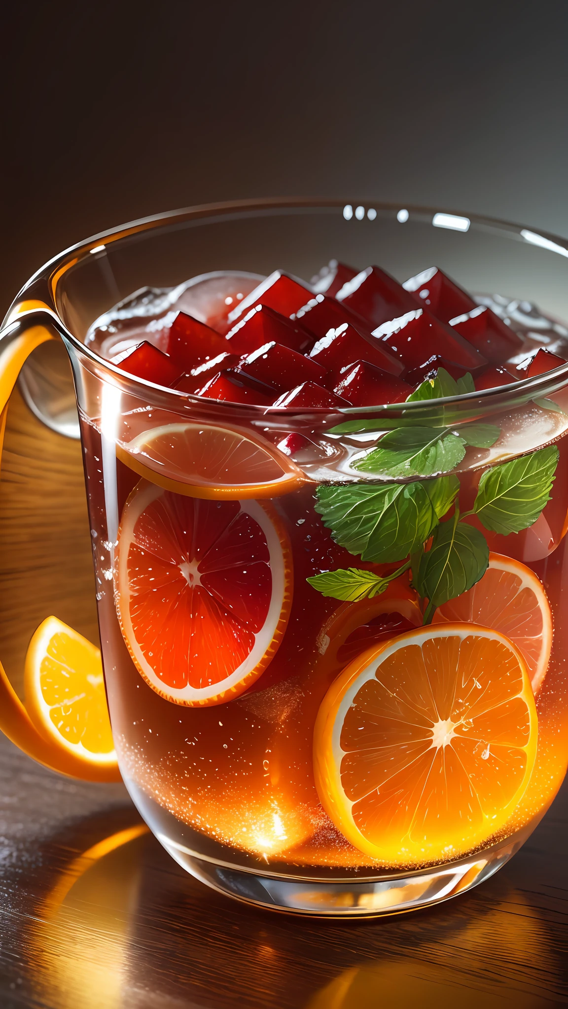 Sunlight, fine droplets of water on soda cups, shimmering ice cubes coming out of the glass, mint leaves fragrant, watermelon chunks awaken summer memories, small orange petals dotting exquisite delicacies. Under the transparent cup, the moistening effect of water droplets is displayed, and the cold sensory experience of the ice cube sequence. With Randy Post's creation, ultra-realistic, high-fidelity food images are delicious, while high-resolution and professional color grading and ray tracing create Food Magazine-quality photography. A masterpiece that perfectly presents fruit cuisine, the best quality, the best illustrations, the best shades. --auto --s2