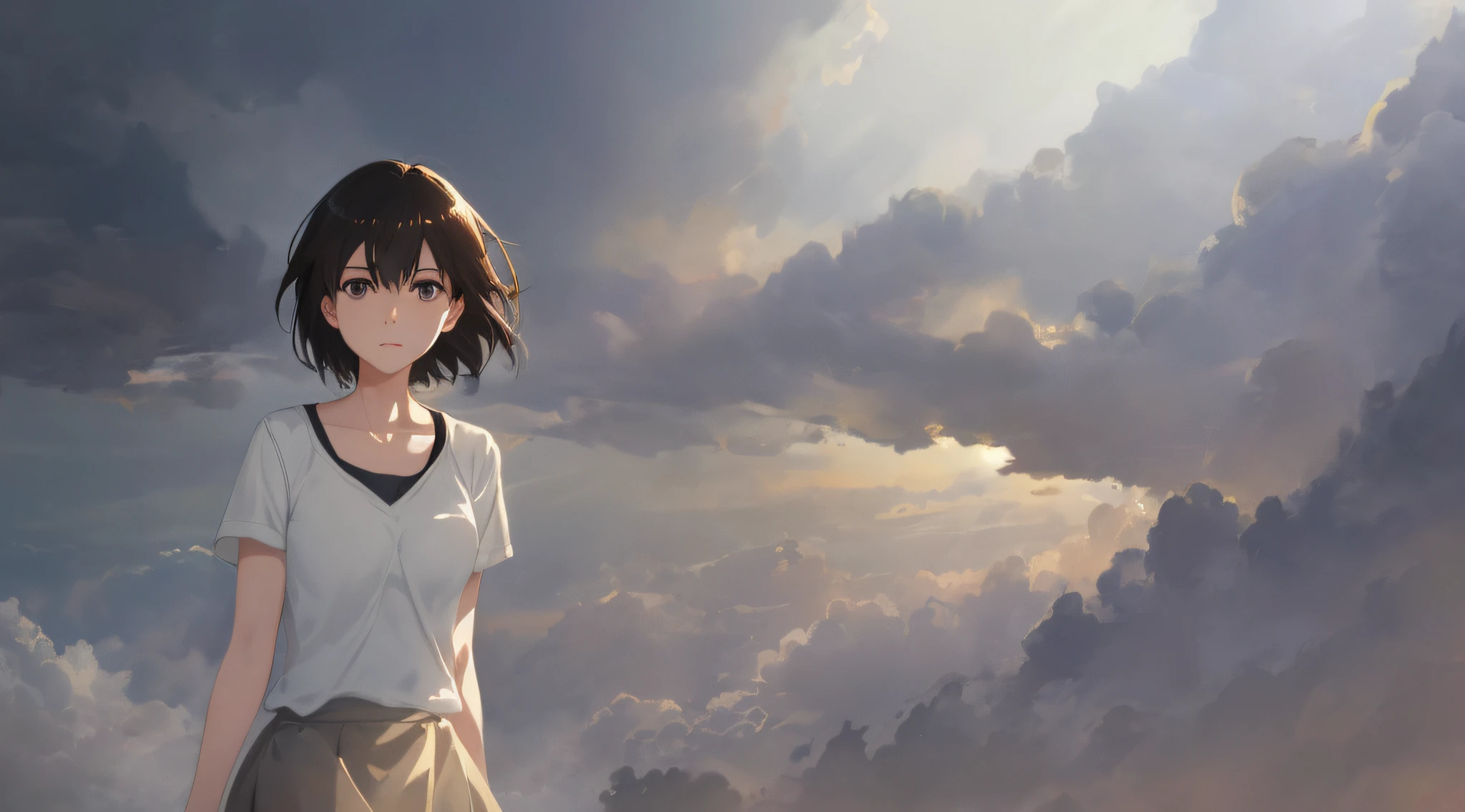 Very detailed and precise anime style illustration, very beautiful young woman, solo, brown short hair, wearing gray shirt, gray skirt, perfect round gray eyes, unreal and fantastic scene with thick fog. Dramatic lighting, Makoto Shinkai anime style.