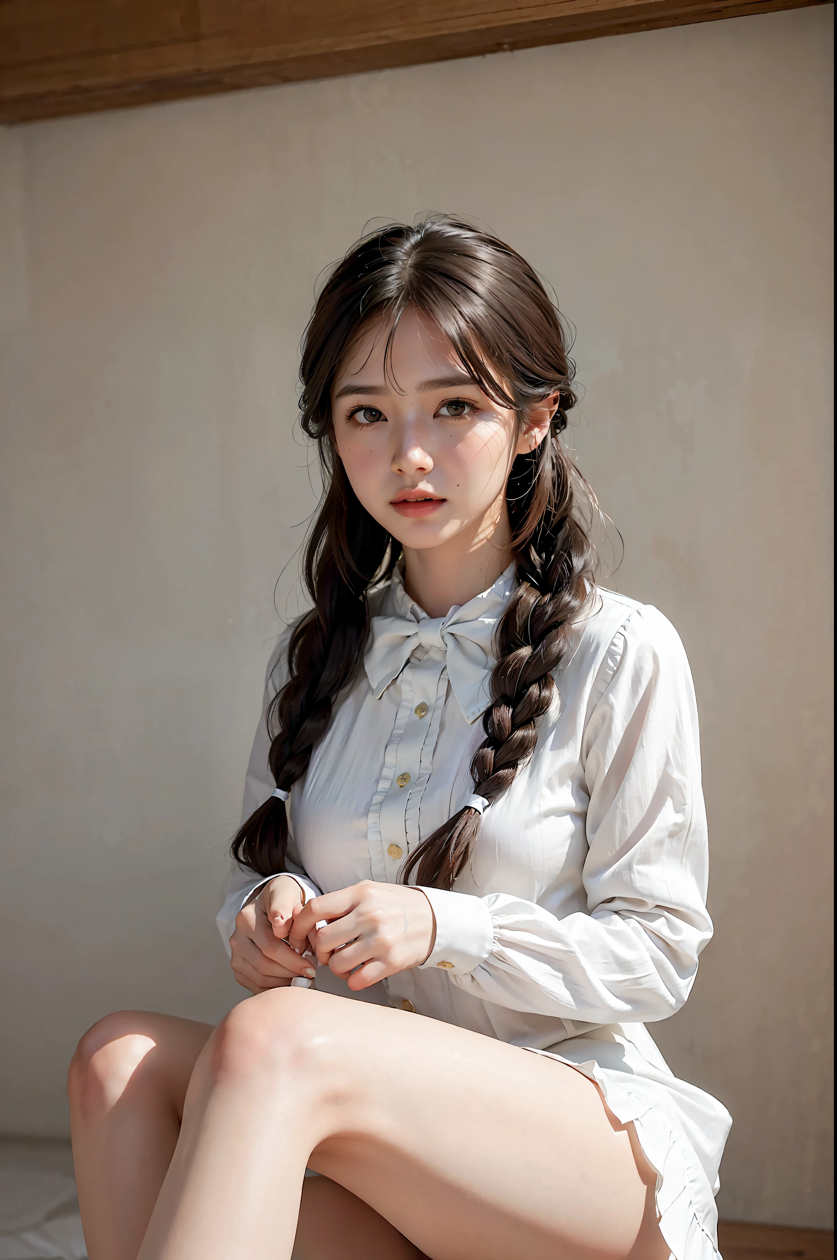 High Quality, Masterpiece, Highly Detailed, High Resolution, 4K, Ultra High Definition, Detailed Shadows, Ultra Realistic, Dramatic Lighting, 1girl, Solo, Detailed Face, Realistic Eyes, Realistic Skin, Dynamic Hair, Dynamic Pose, Dynamic Angle, White Flower Dress, White Background, ulzzang-6500-v1.1, (raw Photo:1.2), ( photorealistic:1.4), beautiful detailed girl, very detailed eyes and face, beautiful detailed eyes, ridiculous, incredibly ridiculous, huge file size, super detailed, high resolution, very detailed, best quality,
(Bright indoor), (soft light), (low contrast), (shallow depth of field), (portrait of a beautiful woman illuminated by gentle light), (extremely delicate and elegant depiction), (short length bangs), (hair color is a dark chestnut shade with a slight brown tone), (hair with a subtle and gentle wave), (small braids intricately woven on the side of long hair), (adorned with a thin ribbon), ( white blouse with small frills), (bow tie), (blue long skirt), (white short ankle socks), illustration, very detailed, CG, unified, 8k wallpaper, amazing, fine detail, best quality, Very detailed CG unified 8k wallpaper, face light, movie lighting, 1girl, 16 years old, ((no panties)), ((dynamic pose))), (camel toe), (half), (bent knees and legs sitting))