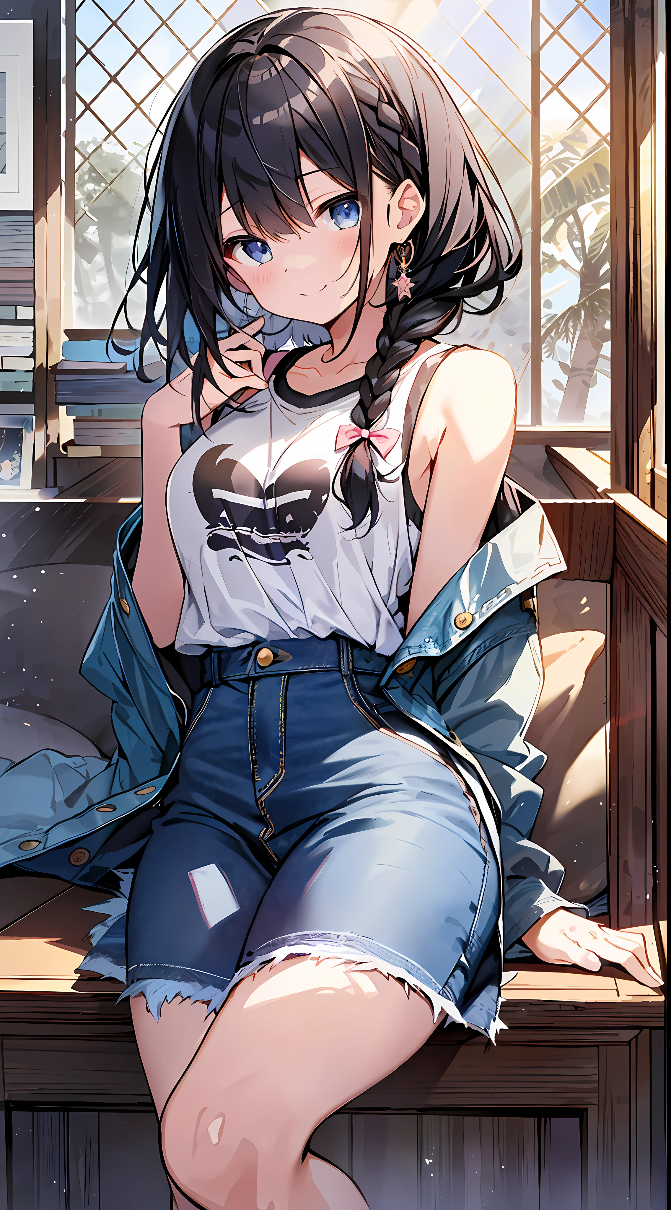 (Incredibly Absurdres Absolutely Resolution: 1.5), Top Quality, Masterpiece, Ultra High Resolution, 8k, Sun, (Oversized Denim Jacket, T-Shirt with Symbols, Skirt), Shojo Manga Style, Loli, Mini Character, SD Chara, Soft Line Art, Denim Digital Enhancement, Shojo Manga Touch, Shoujo Manga Core, (((Hair length to shoulder)))), (Short braid))), soft drawing, beautiful black hair, clear eyes, (((gentle smile))), ultra-detailed digital anime art, clear face depiction, ultra-detailed shoujo manga character art, clear facial features, manga style, top quality colors, foot-up viewing angle, entangle, beautiful and aesthetic:1.5、High quality:1.3