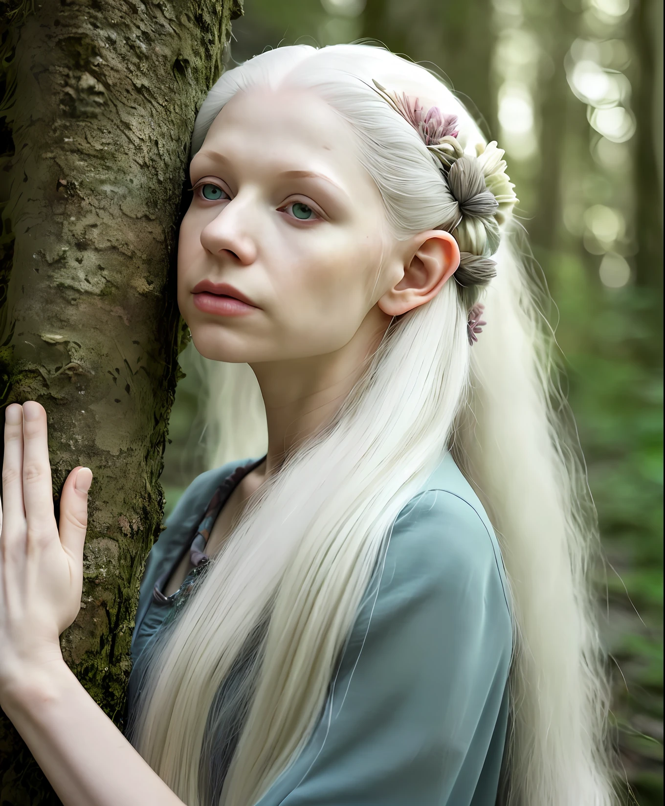 High detail RAW color photo professional portrait photograph of a ((Dynamic side view Close up, Fusion Dance. a portrait of an elderly Elven (albino female) Tree-Sage, long white hair, pale white skin, arms in the air, standing in the lush forest, her head and shoulders illuminated by a soft, ethereal light, her gaze focused on a distant horizon filled with hope and healing. , dark radial background, (muted colors:1.38), (neutral colors:1.2) backlighting, complex scene with magical fantasy atmosphere, Stunning magical world landscape, Luminous Core Render)), soft skin, (feathers in hair), praying, backlighting, depth of field, studio lighting, hard focus, film grain, (3d), ray traced, rendered, photographed with a Sony a7 III Mirrorless Camera, by photographer