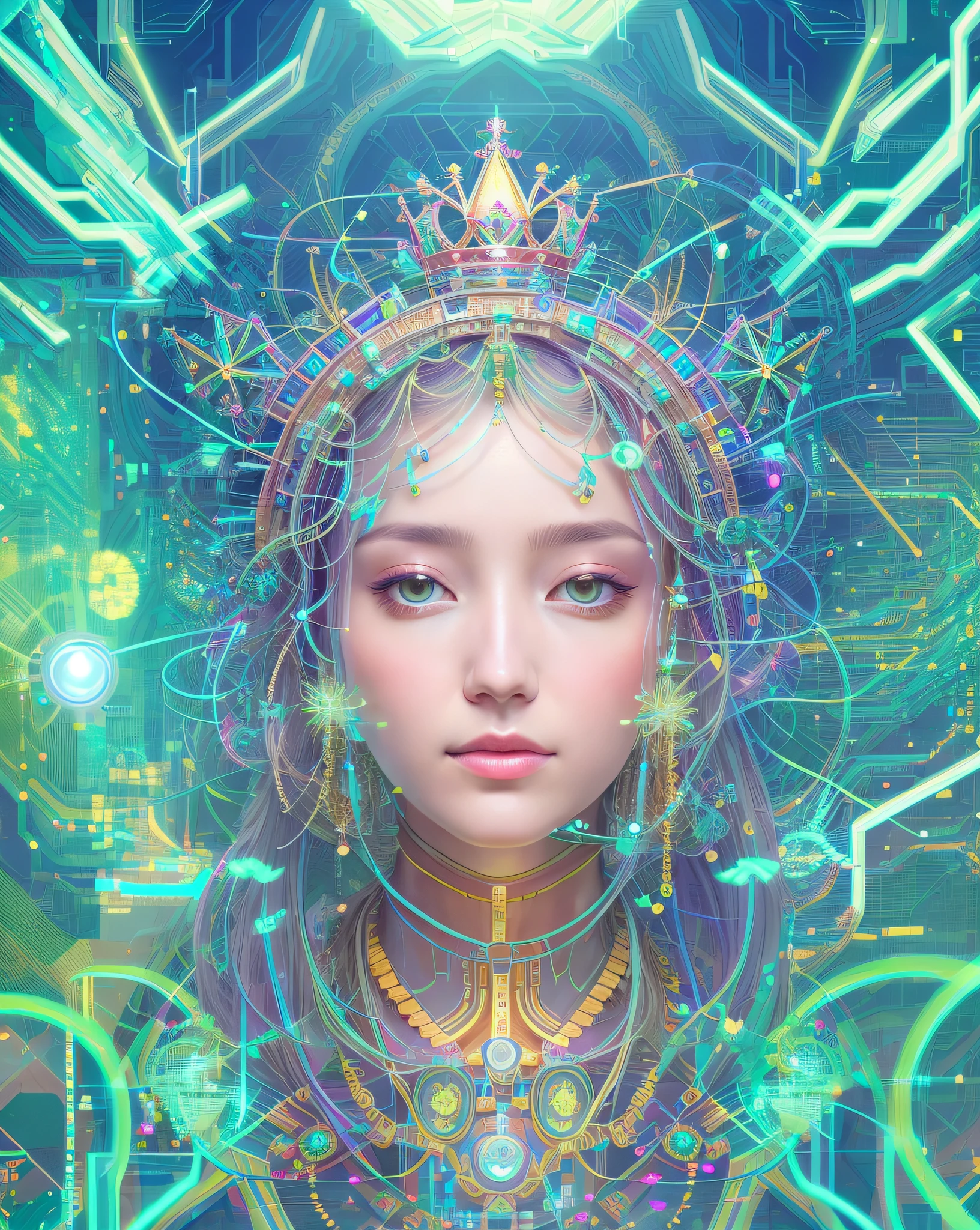a close up of a person wearing a glowing headpiece with a crown on it, portrait of a cyborg queen, beeple and james jean, style hybrid mix of beeple, inspired by Mike Winkelmann, fractal cyborg ninja background, elaborate lights. mask on face, beeple and mike winkelmann, detailed glowing head, by Mike Winkelmann