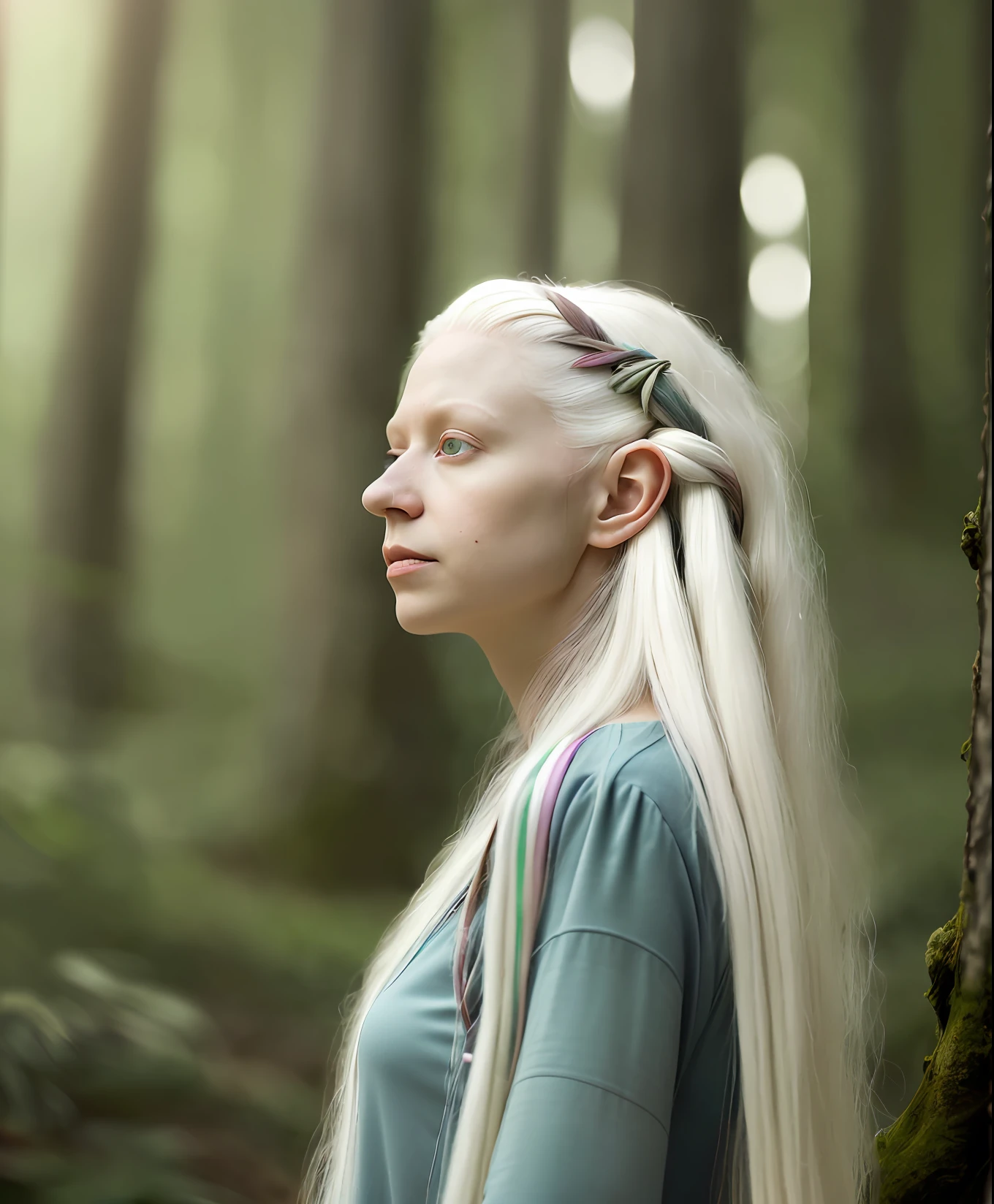 High detail RAW color photo professional portrait photograph of a ((Dynamic side view Close up, Fusion Dance. a portrait of an elderly Elven (albino female) Tree-Sage, long white hair, pale white skin, arms in the air, standing in the lush forest, her head and shoulders illuminated by a soft, ethereal light, her gaze focused on a distant horizon filled with hope and healing. , dark radial background, (muted colors:1.38), (neutral colors:1.2) backlighting, complex scene with magical fantasy atmosphere, Stunning magical world landscape, Luminous Core Render)), soft skin, (feathers in hair), praying, backlighting, depth of field, studio lighting, hard focus, film grain, (3d), ray traced, rendered, photographed with a Sony a7 III Mirrorless Camera, by photographer