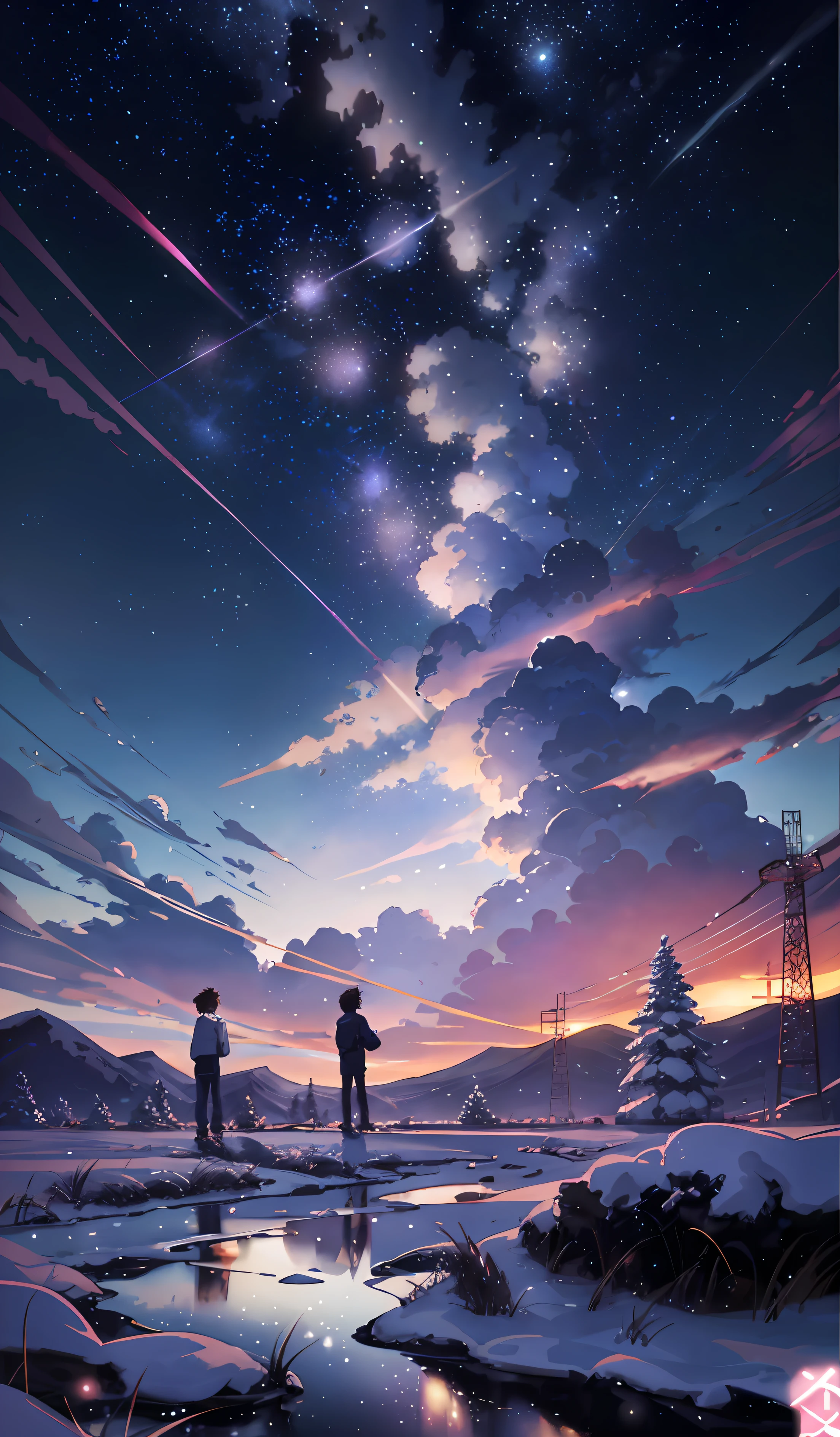 An anime scene of two people standing on a snowy field with the sky in the background, inspired by Makoto Shinkai's anime drawings, trending on pixiv, concept art, Cosmos Sky. Author: Makoto Shinkai, beautiful anime scene, Makoto Shinkai Cyril Rolando, anime art wallpaper 4k, anime art wallpaper 4k, anime sky, anime beautiful peaceful field ((((Makoto Shinkai style)), pixiv, anime drawing, High resolution, pink sky, beautiful scene), (universe, train passing, magic realism, ((makoto shinkai style)) ::0.8), [art atmosphere, atmosphere:0.8, starry sky, hills, snow mountain , sparkling water, grass, trees, smoke, stars, low angle of view, specular light scattering, detail enhancement. Character details are complete.