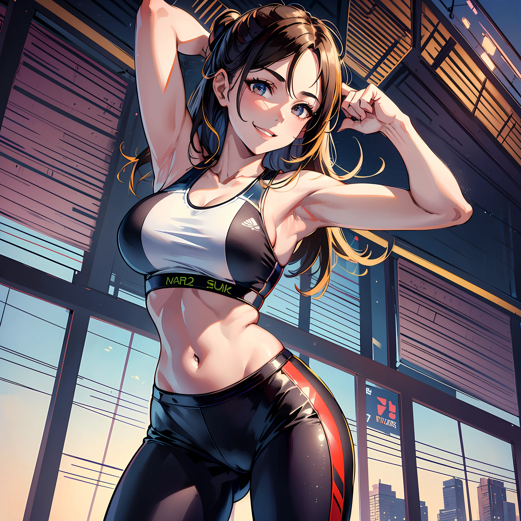 master-piece,hyper quality,hyper detailed,perfect drawing,1 beauty, smile, normal light, bust up, portrait, sporty, active, sportswear, sports bra, legging pants (0.7), playground, toned body, arms raised up and spread wide, underarm hair, bristles, Hairy, armpit --auto --s2