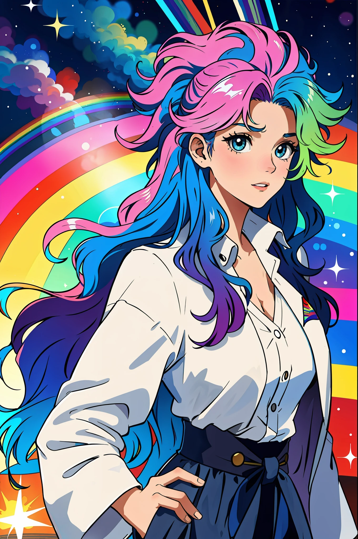masterpiece, best quality, girl with rainbow hair, really wild hair, mane
