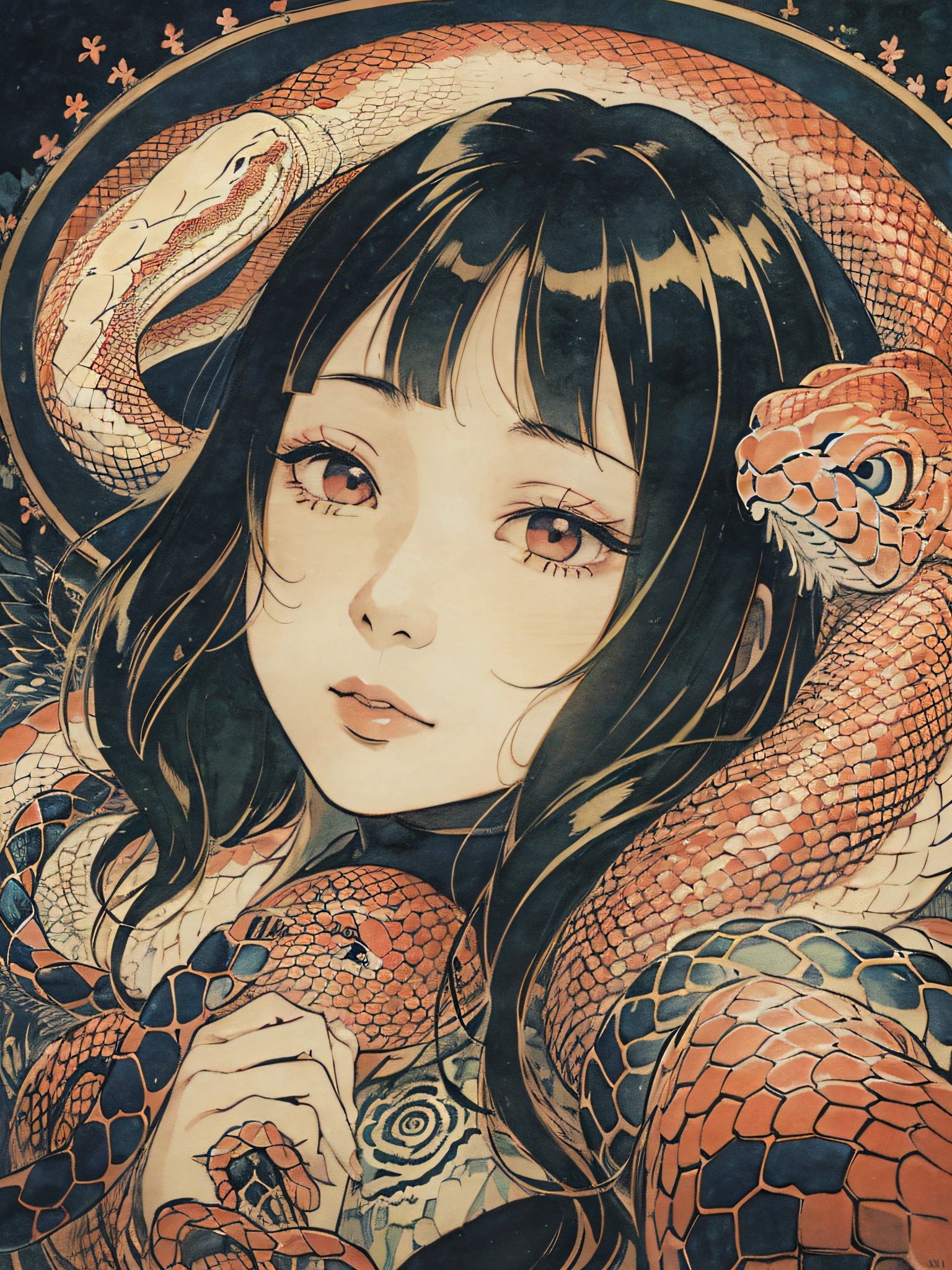 (by Miwa Komatsu:1.4),(by Yuko Higuchi:1.3),(by Miho Hirano),(masterpiece,best quality,官方艺术,美丽和审美:1.2),(ultra-detailed),finely detail,best illustration,hand drawn high quality,(High contrast),(clean lines:1.3),(lineart),line drawing,(Intricate lines),ligne claire,pen and color ink drawing,simple colorful color matching,dynamic angle,(portrait,above the chest,extremely close-up:1.2),a vampire girl,solo,(She's being held captive by a giant snake:1.3),(a detailed red snake),red eyes,slightly open lips,flat chest,Dark and scary atmosphere,(Wraparound composition),(on a mysterious night),blood,(Light and elegant color scheme),(Intricate details),(detailed background:1.2),The intricate pattern,High Resolution,Art Deco,Decorative,luxury,elegant,by Pegacon Lee,by yoshitaka amano