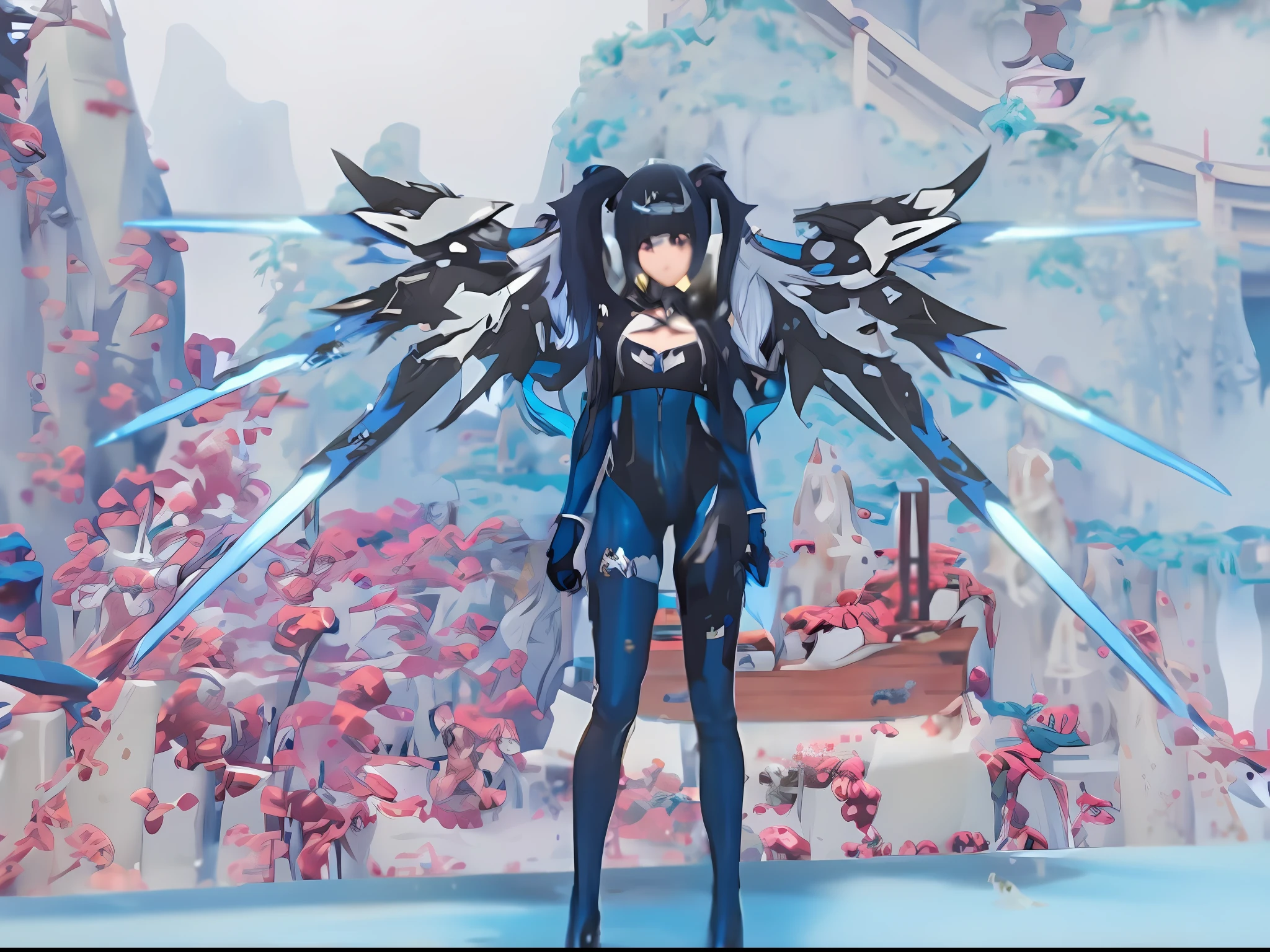 ((Best Quality)),((Masterpiece)). (Detail:1.4),3D anime character with wings and blue body standing in front of a mountain, mecha wings, mechanized Valkyrie girl, from Arknights, full body Xianxia, Azur Lane style, from video game Azur Lane, cyberpunk anime girl mech, Katana Zero video game character, girl in mecha cyber armor, anime character; Full Body Art