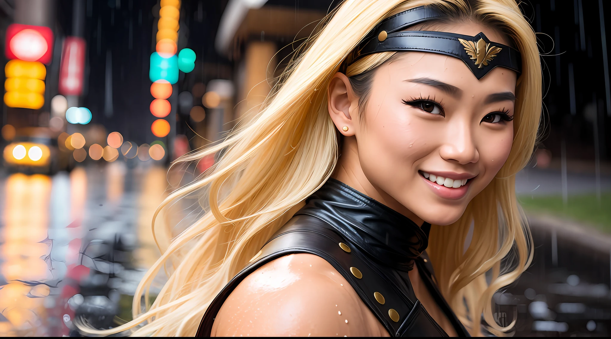 a beautiful young Asian woman with blond hair wearing leather like Tarzan with headband like wonder woman, in the street, bodybuilder physique, wet in the rain, smiling, close up
