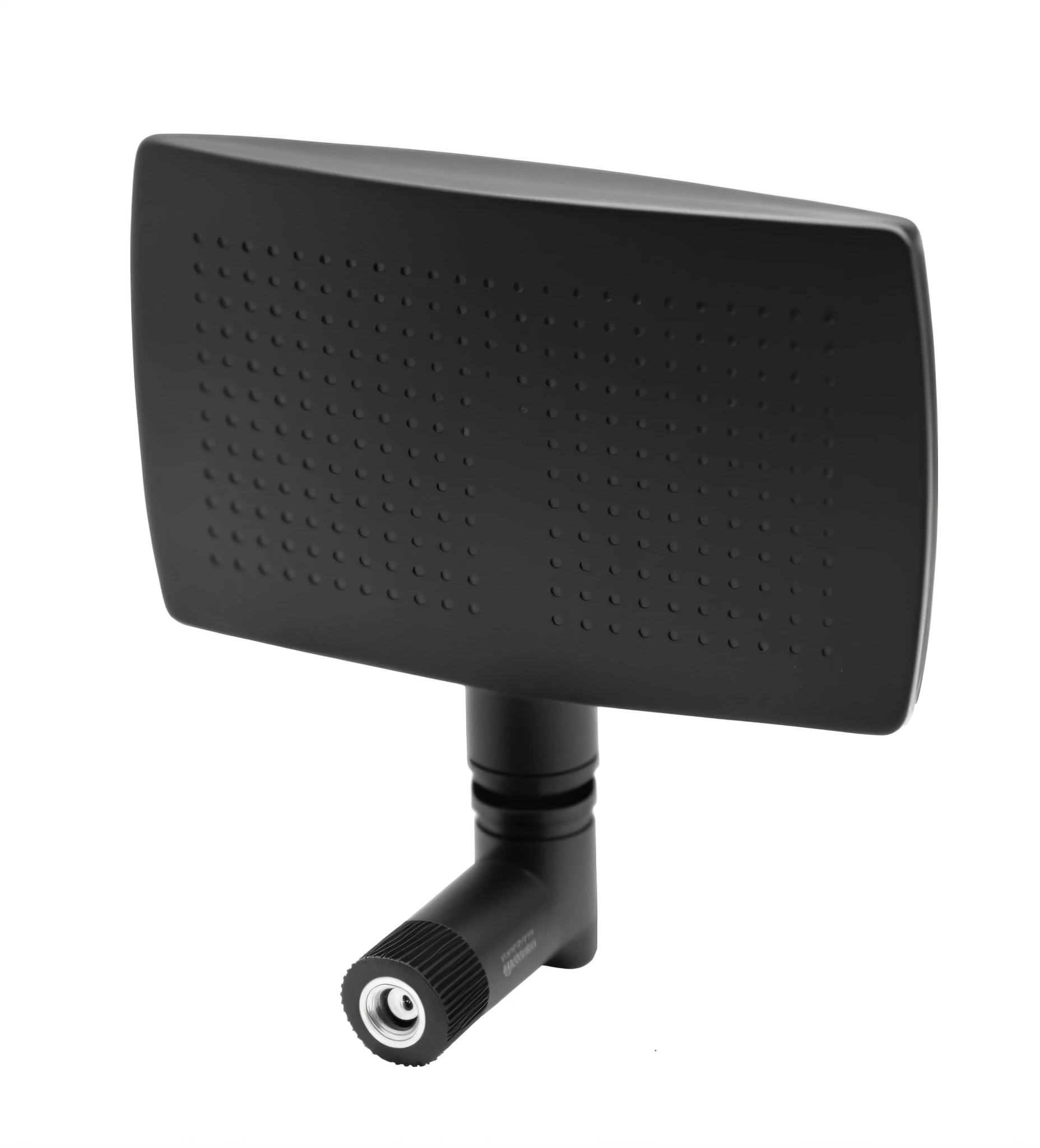 Close-up of black antenna, black base, bottom view, bottom view, detailed image, top view, medium photo taken from behind, top view, top view, wide angle view, bird view, middle view, AOC, top down shot, view from behind, bottom angle, flat metal antenna, C4D, renderer, HD
