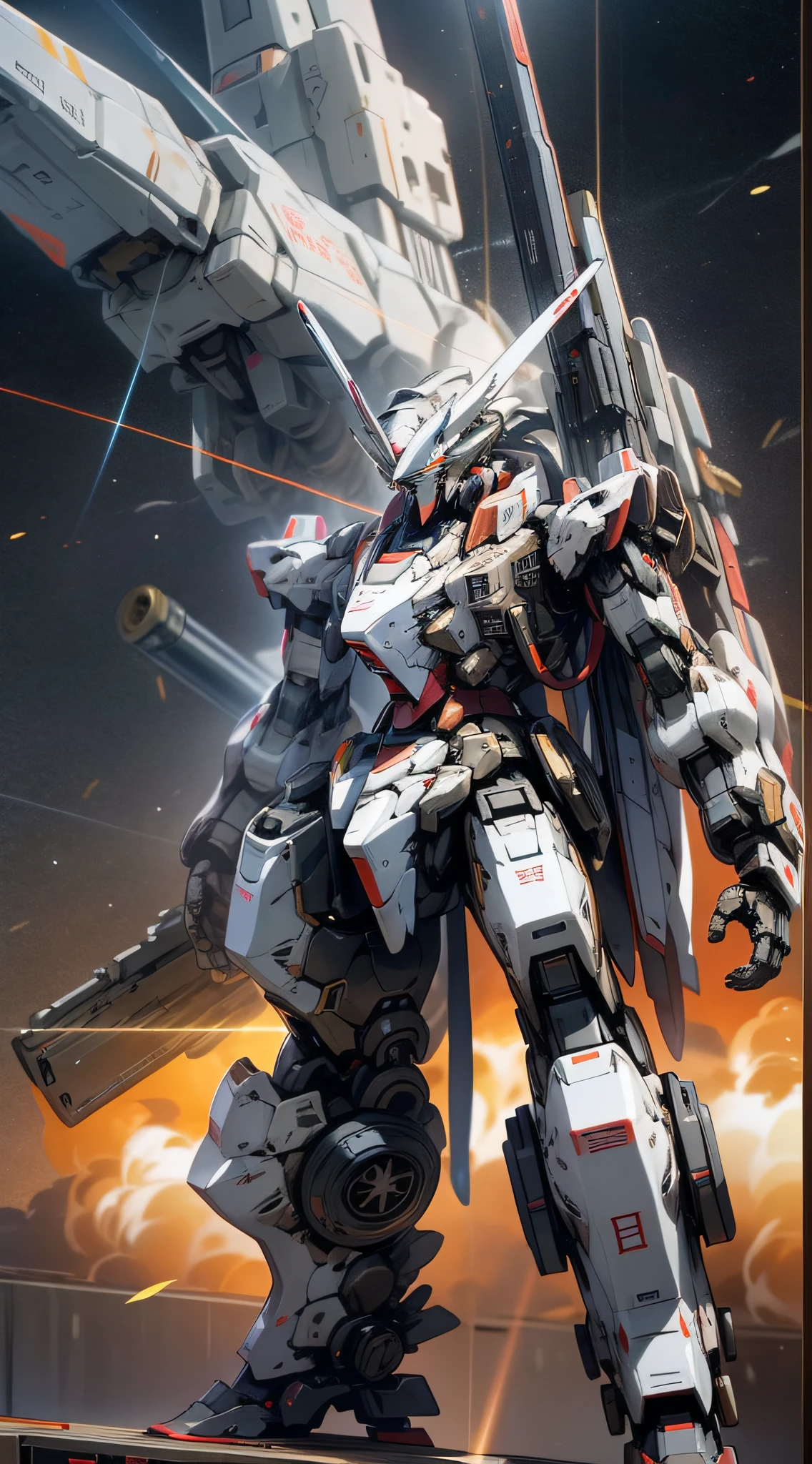 Surrealism, Ray Tracing, Photorealistic, UHD, High Detail, 32k, Best Quality, Textured Skin, Gundam Mecha, Flight, Funnel, Mecha Ship, Masterpiece, Best Quality, Mecha, Unmanned, (Full Body), (Black Mecha: 1.8), (Axisymmetric: 1.4), (HDR), (Movie Light: 1.1), White Eyes, Cool, Science Fiction, Fire, Universe, oversized shield, mecha man overlooking the background of the earth, with laser cannon beams, wars, conflicts, weapons in hand (has a huge weapon: 1.5),