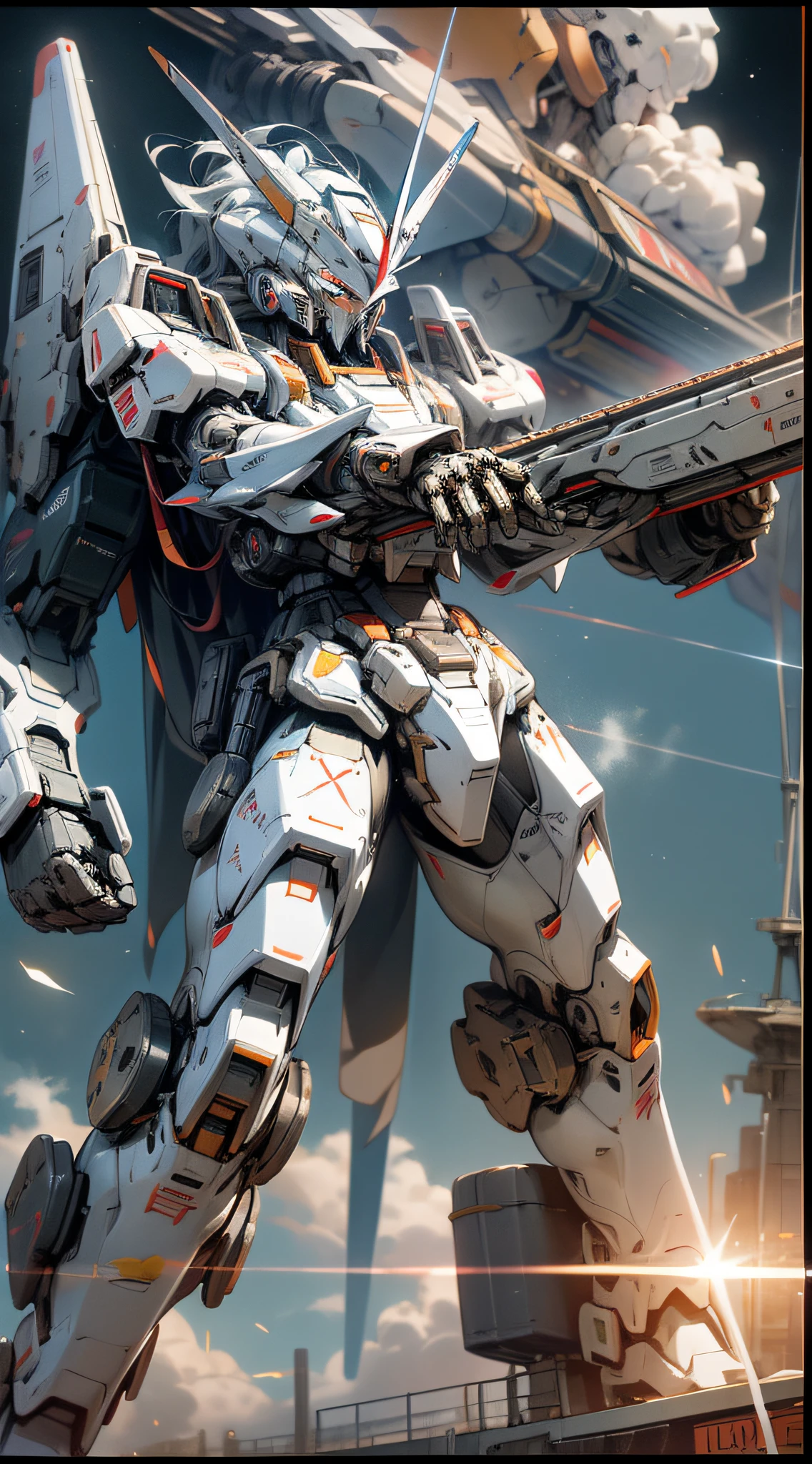 Surrealism, Ray Tracing, Photorealistic, UHD, High Detail, 32k, Best Quality, Textured Skin, Gundam Mecha, Flight, Funnel, Mecha Ship, Masterpiece, Best Quality, Mecha, Unmanned, (Full Body), (Black Mecha: 1.8), (Axisymmetric: 1.4), (HDR), (Movie Light: 1.1), White Eyes, Cool, Science Fiction, Fire, Universe, oversized shield, mecha man overlooking the background of the earth, with laser cannon beams, wars, conflicts, weapons in hand (has a huge weapon: 1.5),