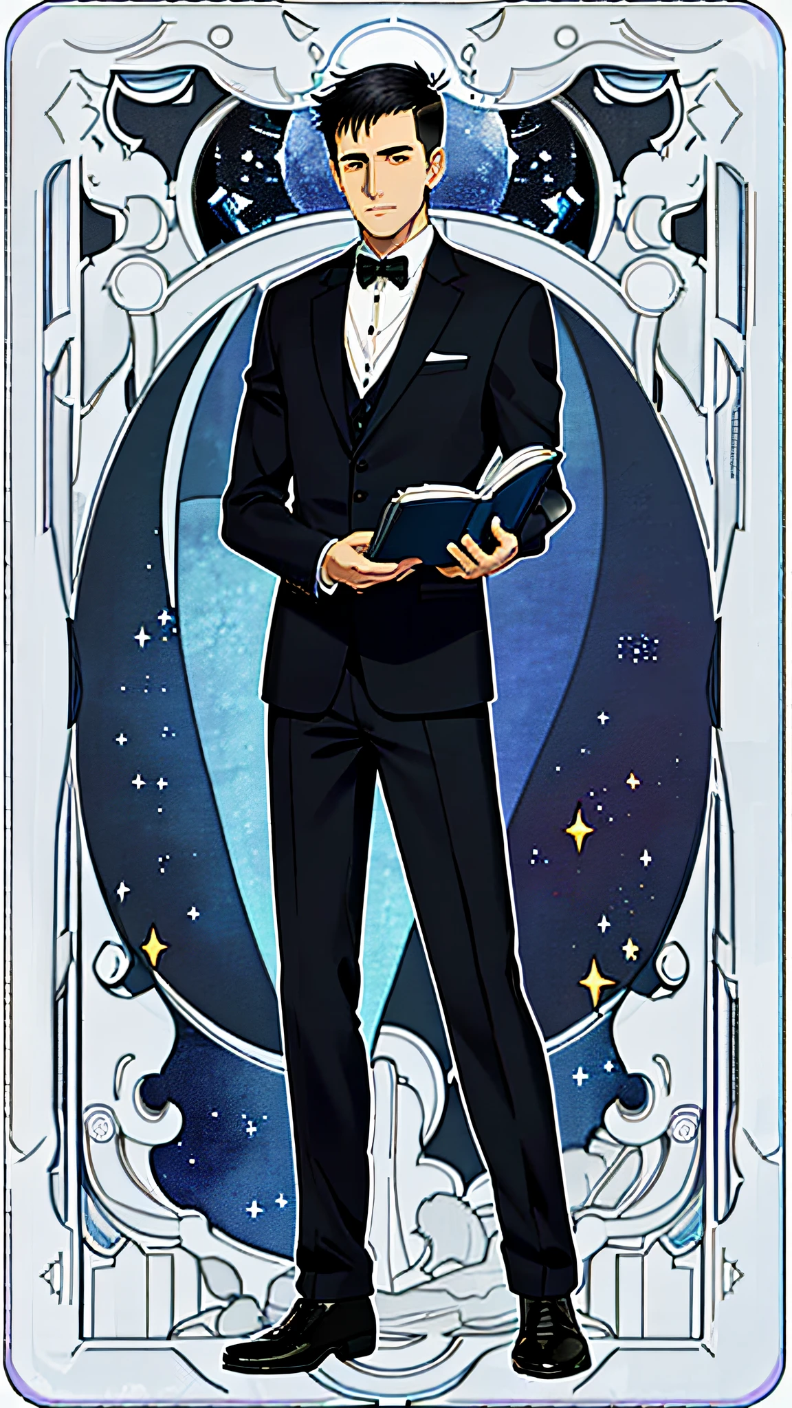 masterpiece, best quality, full body, card, 1 man, the moon, calm, clever, short hair, black hair,  brush cut, standing, blue, night sky, purple, book, pen, buzz cut, black suit, royal, gentle, man, center, best pose, technology, high-tech