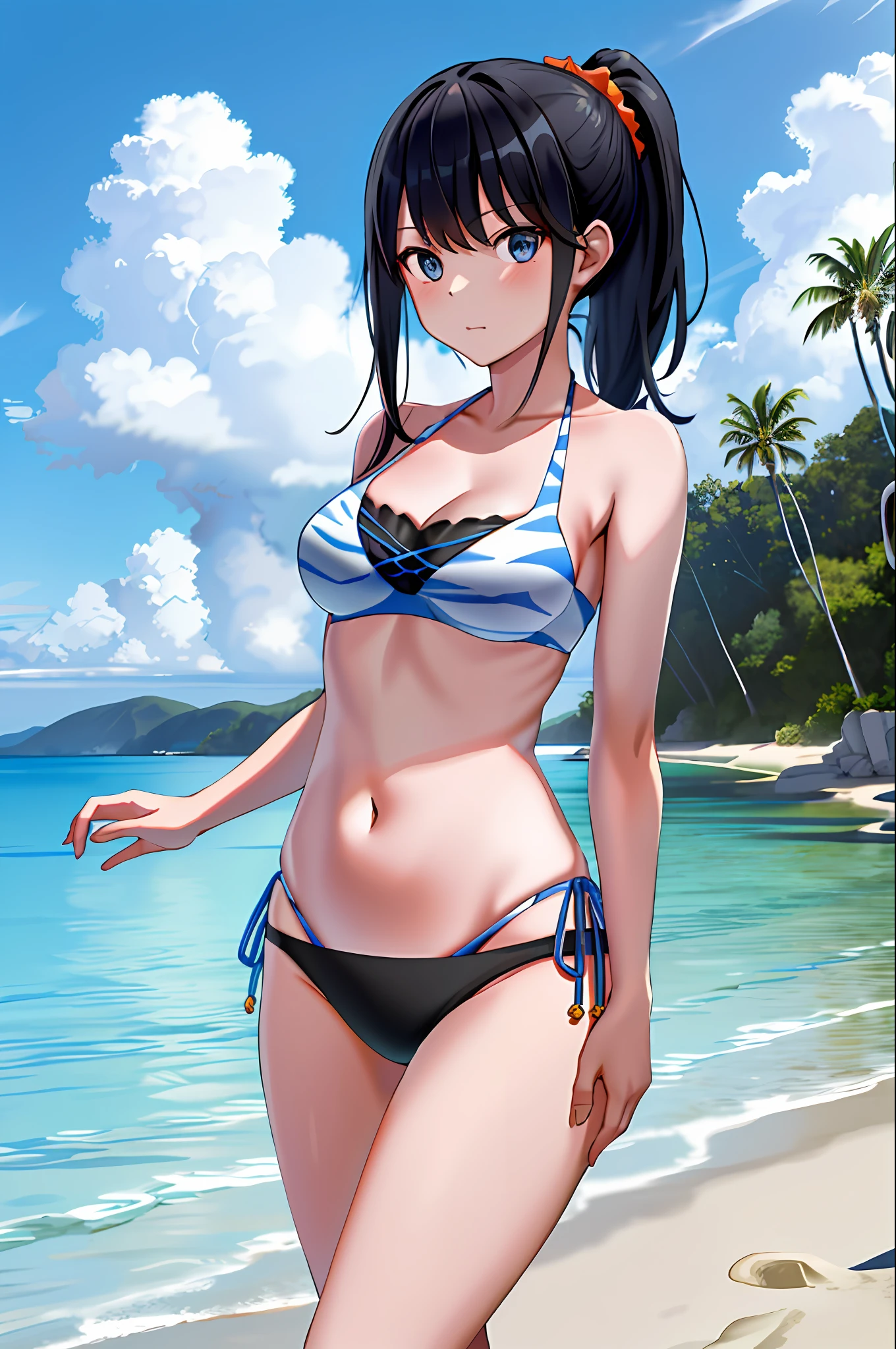 masterpiece, best quality, highres, rikka2, 1girl, takarada rikka, black hair, blue eyes, solo, layered bikini, ponytail, side-tie bikini bottom, black bikini, orange scrunchie, navel, breasts, long hair, mismatched bikini, animal print, medium breasts, bangs, cowboy shot, beach