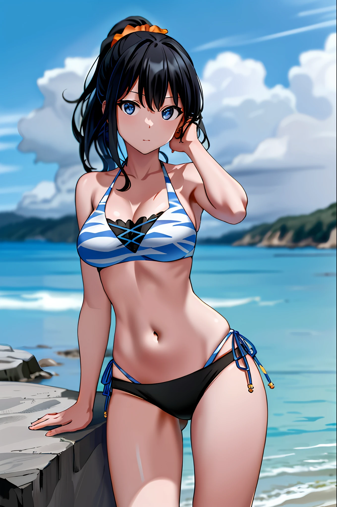 masterpiece, best quality, highres, rikka2, 1girl, takarada rikka, black hair, blue eyes, solo, layered bikini, ponytail, side-tie bikini bottom, black bikini, orange scrunchie, navel, breasts, long hair, mismatched bikini, animal print, medium breasts, bangs, cowboy shot, beach