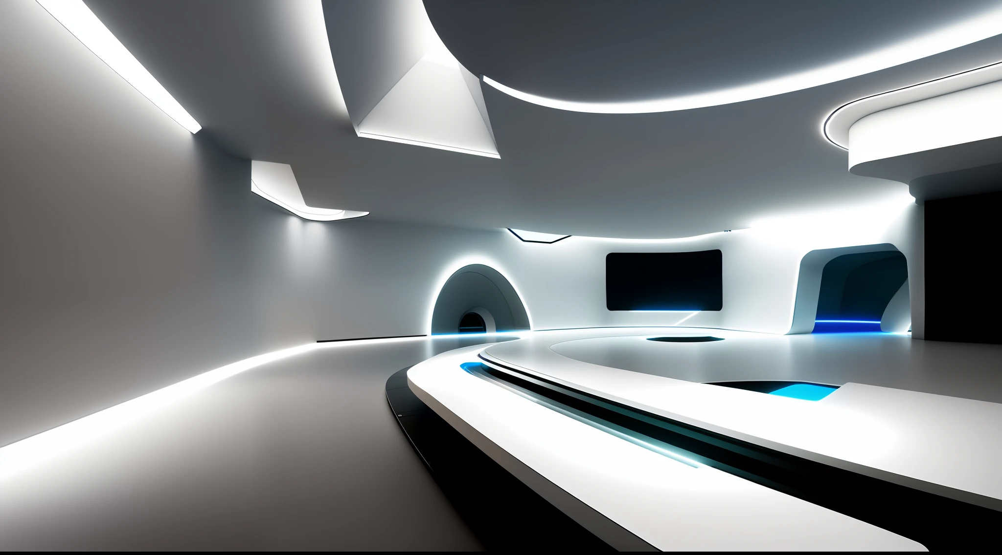 Building interior space, ((white)), blue strip light, no black, (ultra-wide angle), futuristic architecture with futuristic design and futuristic interior, futuristic spaceport, futuristic hall, futuristic government service hall, futuristic architectural concept, futuristic setting, futuristic decoration, futuristic utopian architecture, futuristic architectural art, futuristic production facilities, radical view, acoustic view aspect, close-up, texture, (((((complex electronic components) surface texture))), detail texture, HDR+, 8K, QHD, luminescence, dynamic lighting, aesthetic refraction, ((highlight, bright light)), in terms of design, the main color of this case is ceramic white, with black and white light, the overall atmosphere is bright, both the warmth of ceramics, and the sense of modern technology, redshift rendering, cinematic light effects