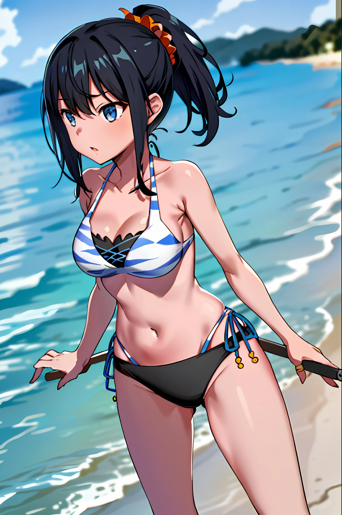 Rikka2, 1girl, Rikka2, 1girl, Rikka, Black hair, Blue eyes, Solo, Layered bikini, Topless, Ponytail, Side tie bikini bottom, Black bikini, Orange sh, Navel, Chest, Long hair, Mismatched bikini, Animal print, Medium breasted, Bangs, Cowboy shot, Beach