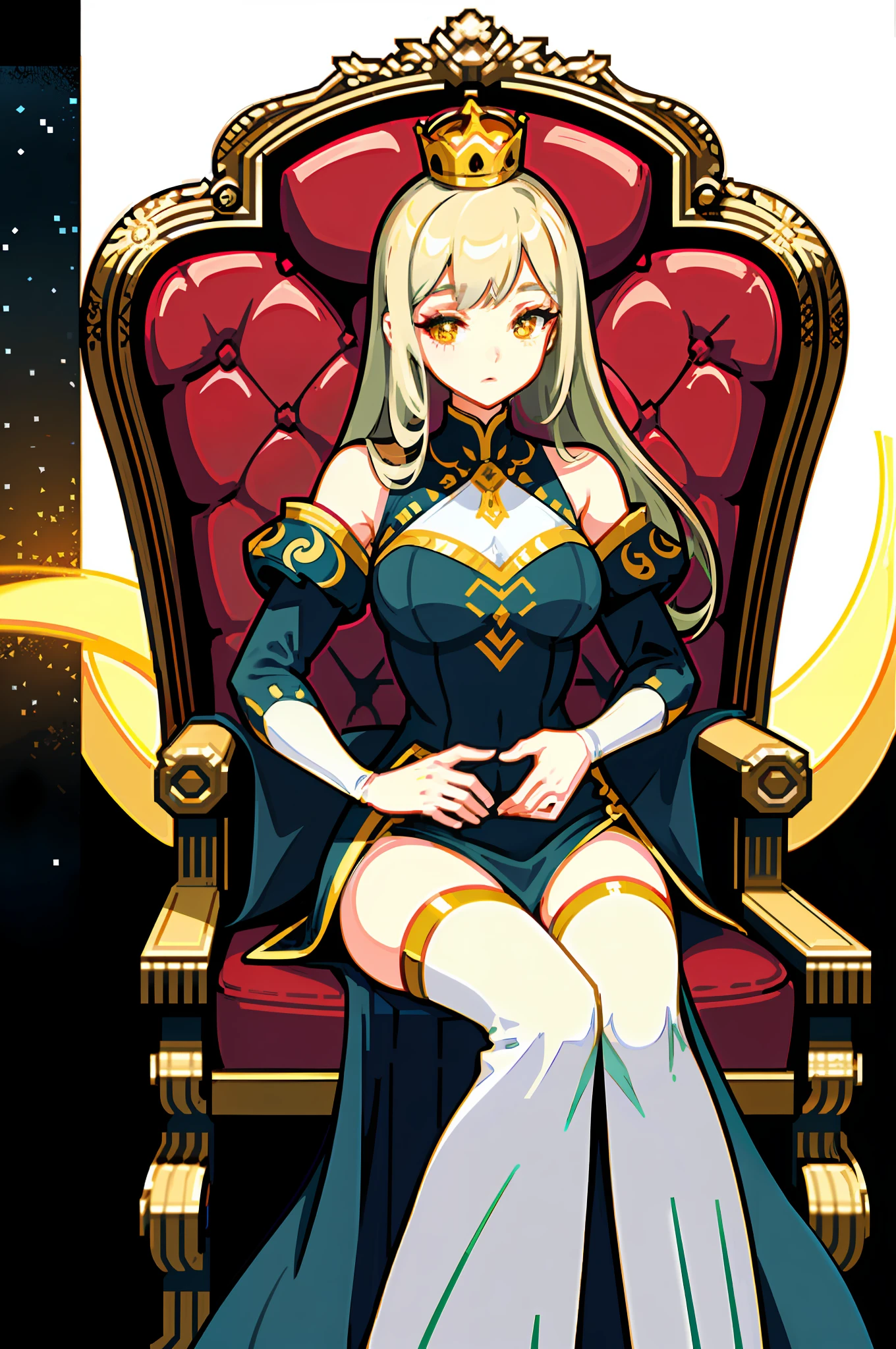 Official Art, Full Body Close-up, (Masterpiece:1.2), Best Quality, (Intricate Details), (cinematic light, Best quality Backlights), Clear line, from below, Solo Woman, Perfect Body, (1girl), White Hair and Yellow Eyes, (Emperor, Black Sheer Dress), (Crown: 1.1), Sitting on the Throne, slightly closed eyes, head down, head down, (shy: 1.2 ), ((makeup)), high contrast, (best illumination, an extremely create and beautiful), (cinematic light)), colorful,