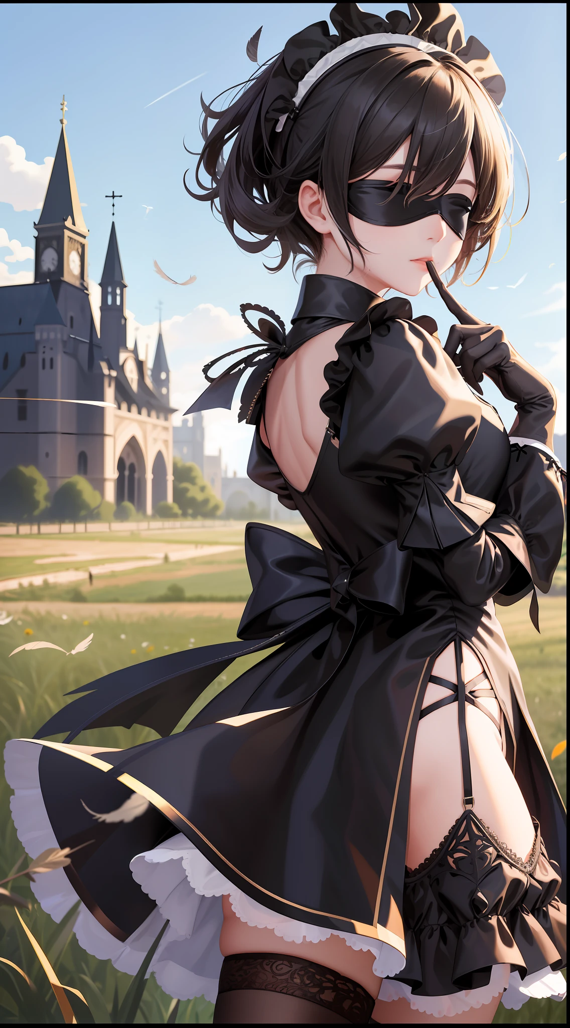 masterpiece, best quality, highres, hm2b, black blindfold, covered eyes, mole under mouth, clothing cutout, long sleeves, puffy sleeves,  juliet sleeves, feather trim, black thighhighs, black gloves, black dress, black skirt, outdoor, grass, building, ruins, field, standing, cowboy shot,