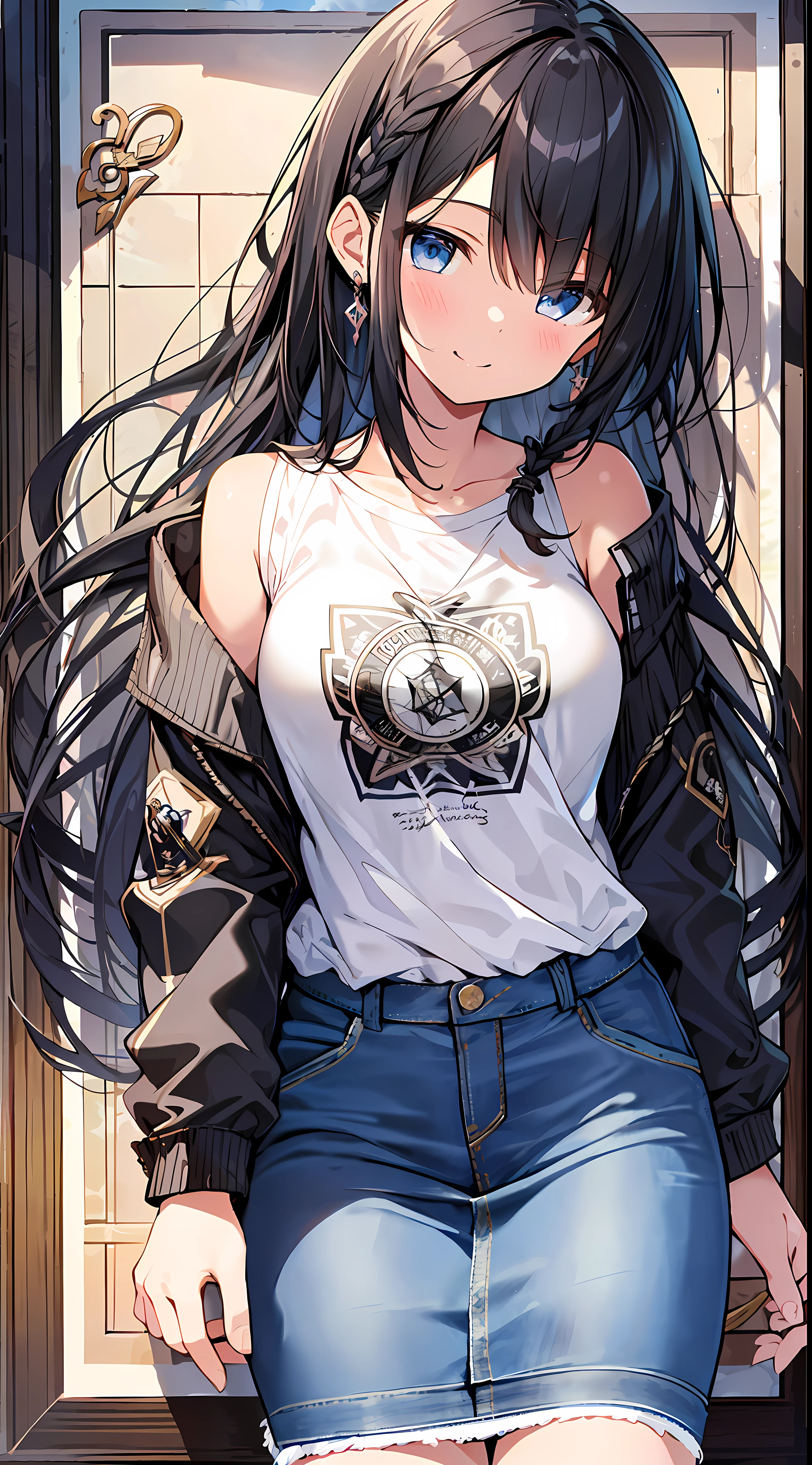 (Incredibly Absurdres Absolutely Resolution: 1.5), Top Quality, Masterpiece, Ultra High Resolution, 8k, Sun, (Oversized Denim Jacket, T-Shirt with Symbols, Skirt), Shojo Manga Style, Loli, Mini Character, SD Chara, Soft Line Art, Denim Digital Enhancement, Shojo Manga Touch, Shoujo Manga Core, (((Hair length to shoulder)))), (Short braid))), soft drawing, beautiful black hair, clear eyes, (((gentle smile))), ultra-detailed digital anime art, clear face depiction, ultra-detailed shoujo manga character art, clear facial features, manga style, top quality colors, foot-up viewing angle, entangle, beautiful and aesthetic:1.5、High quality:1.3